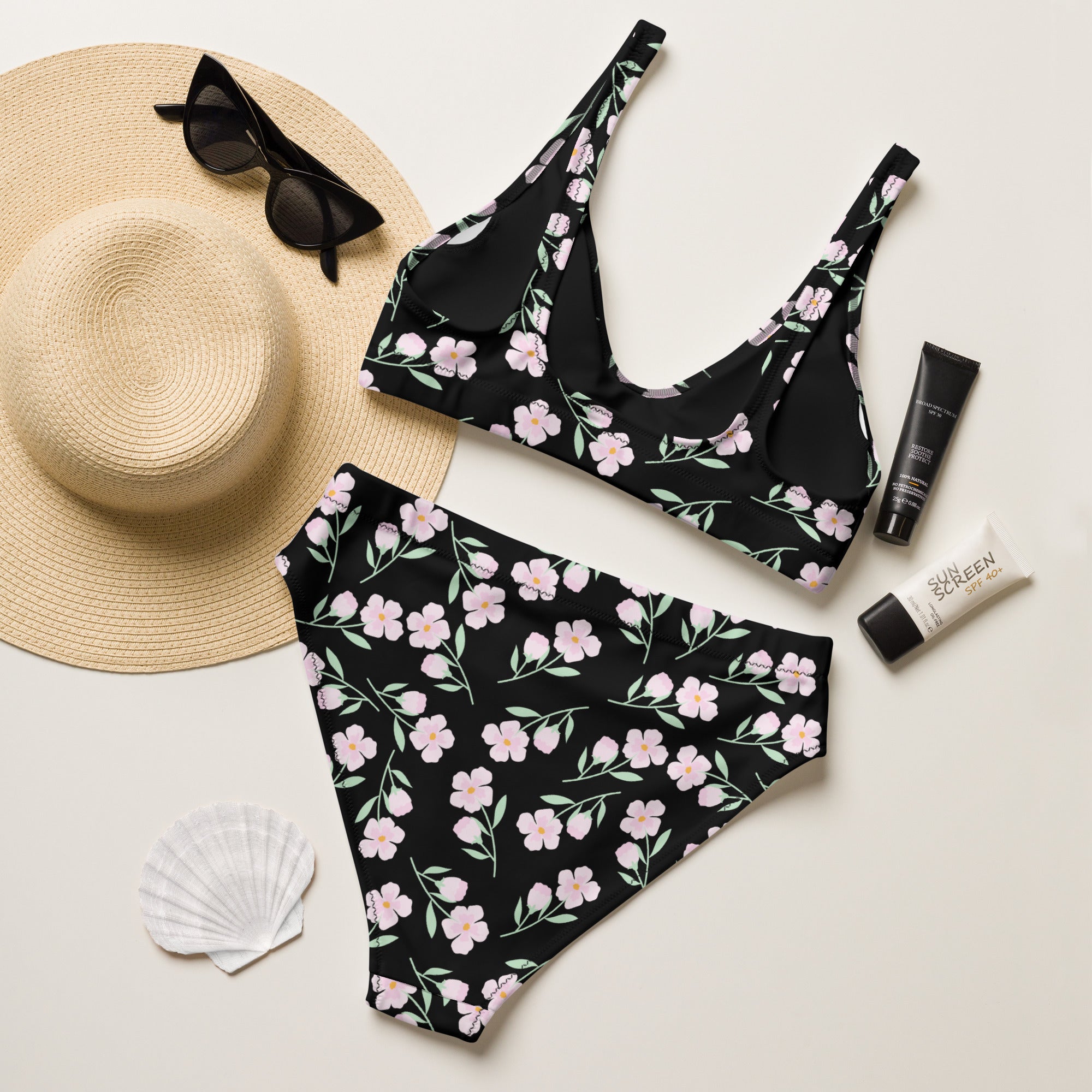 Women's Black Floral Recycled Bikini - Removable Padding, Buttery Soft Quick-Drying UPF 50+ Fabric