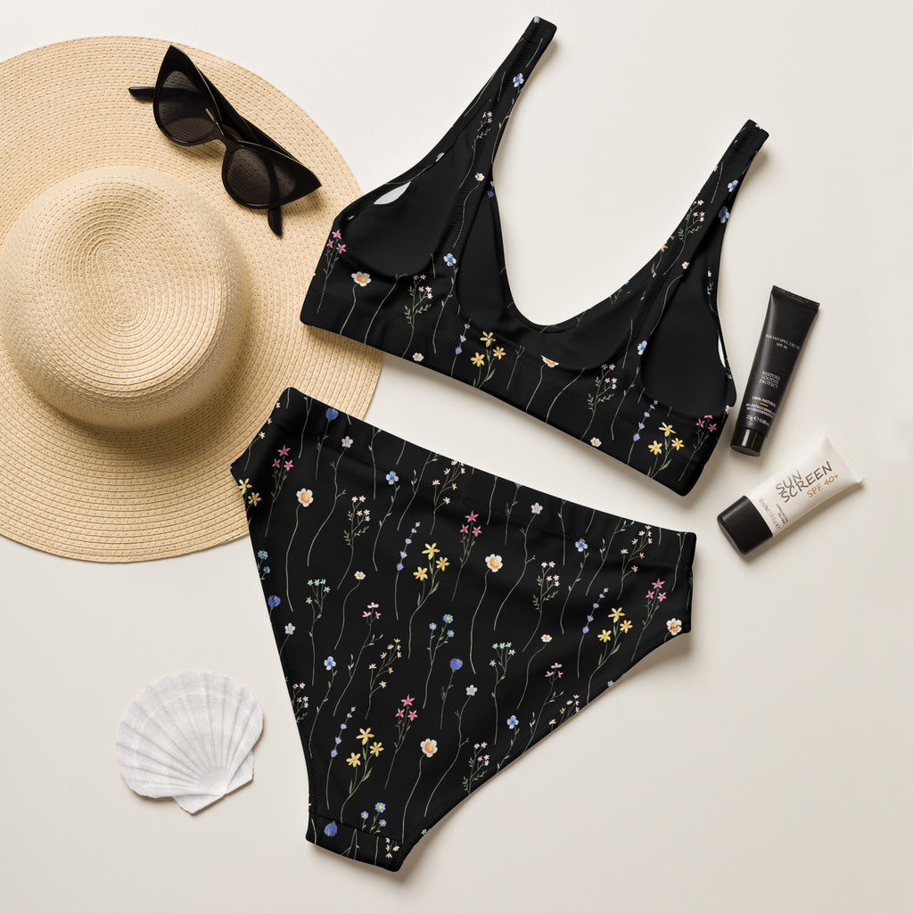 Women's Black Wildflower Recycled Bikini - Removable Padding, Buttery Soft Quick-Drying UPF 50+ Fabric