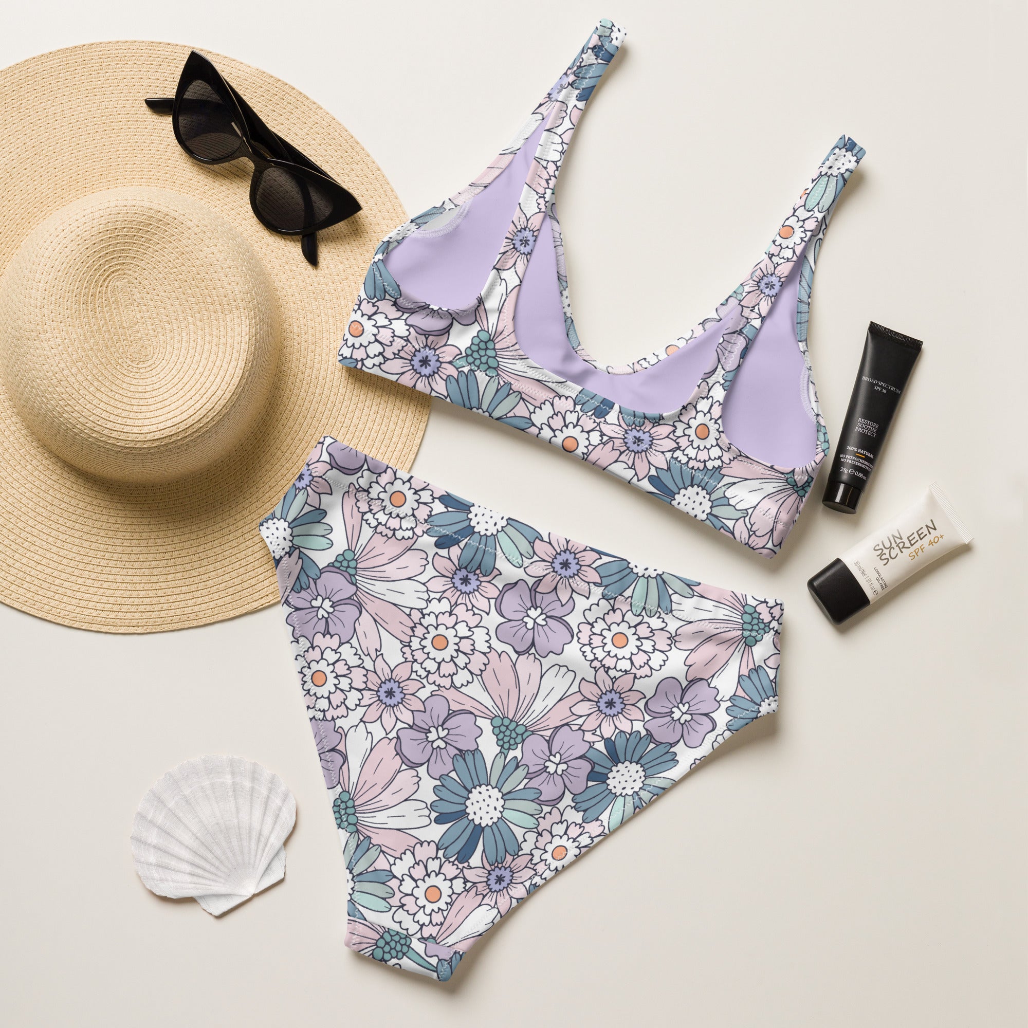 Women's Pastel Purple Floral Recycled Bikini - Removable Padding, Buttery Soft Quick-Drying UPF 50+ Fabric