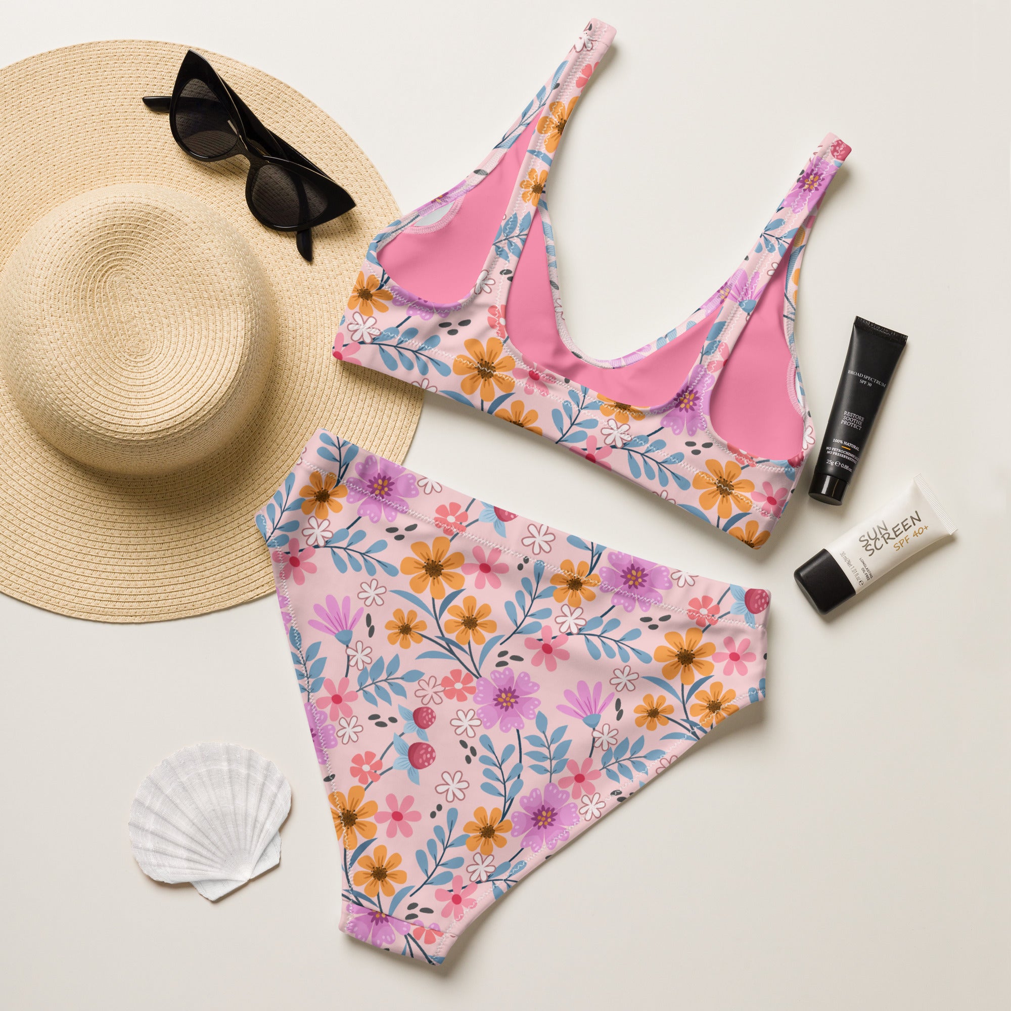 Women's Pink Floral Recycled Bikini - Removable Padding, Buttery Soft Quick-Drying UPF 50+ Fabric