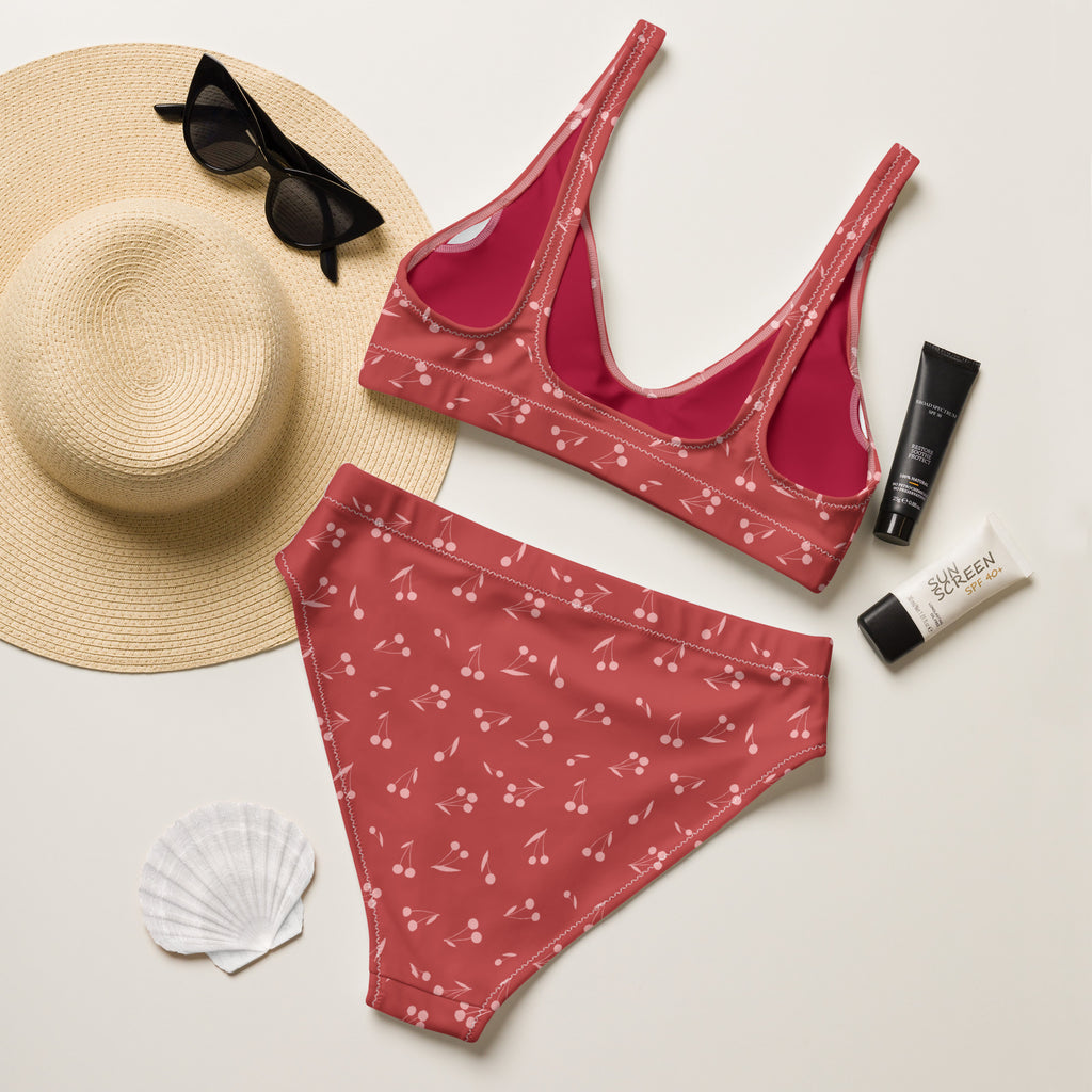 Women's Red Cherry Recycled Bikini - Removable Padding, Buttery Soft Quick-Drying UPF 50+ Fabric