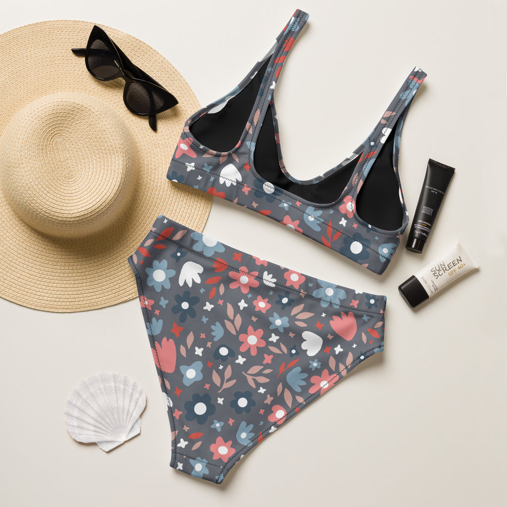 Women's Gray Floral Recycled Bikini - Removable Padding, Buttery Soft Quick-Drying UPF 50+ Fabric