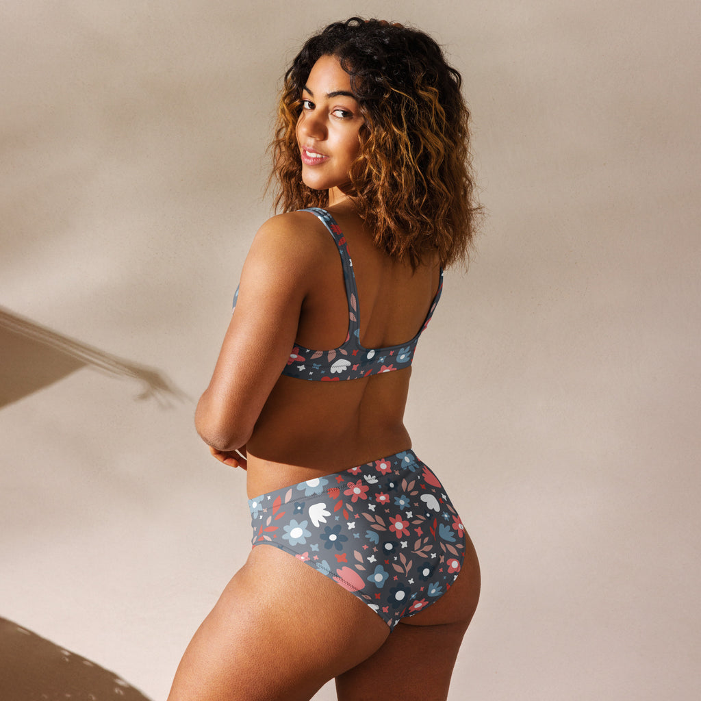 Women's Gray Floral Recycled Bikini - Removable Padding, Buttery Soft Quick-Drying UPF 50+ Fabric