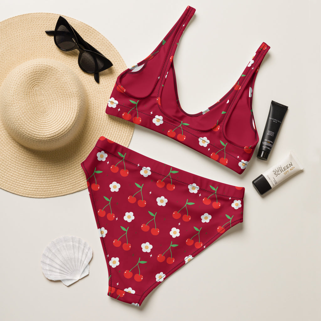 Women's Red Cherry Daisy Recycled Bikini - Removable Padding, Buttery Soft Quick-Drying UPF 50+ Fabric