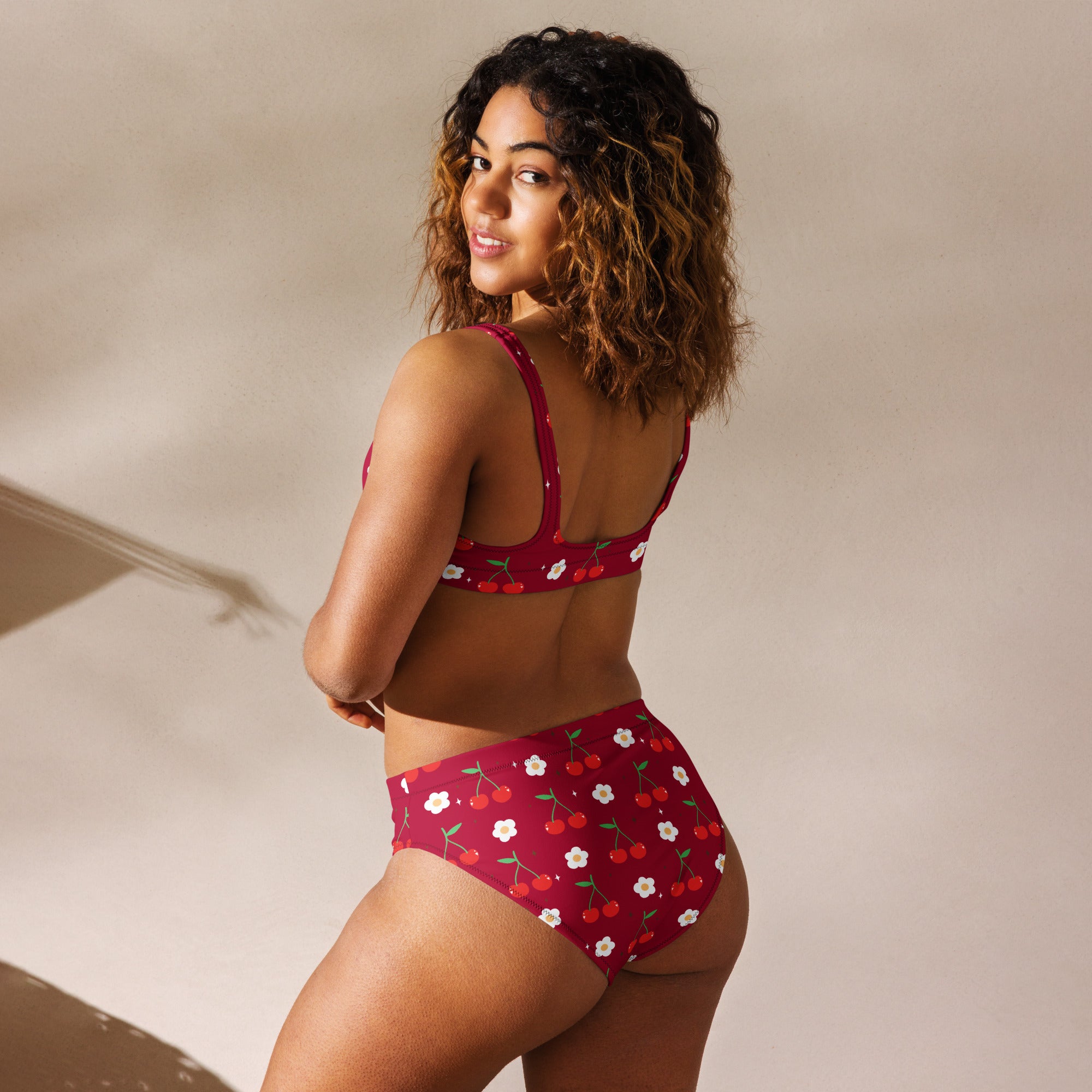 Women's Red Cherry Daisy Recycled Bikini - Removable Padding, Buttery Soft Quick-Drying UPF 50+ Fabric