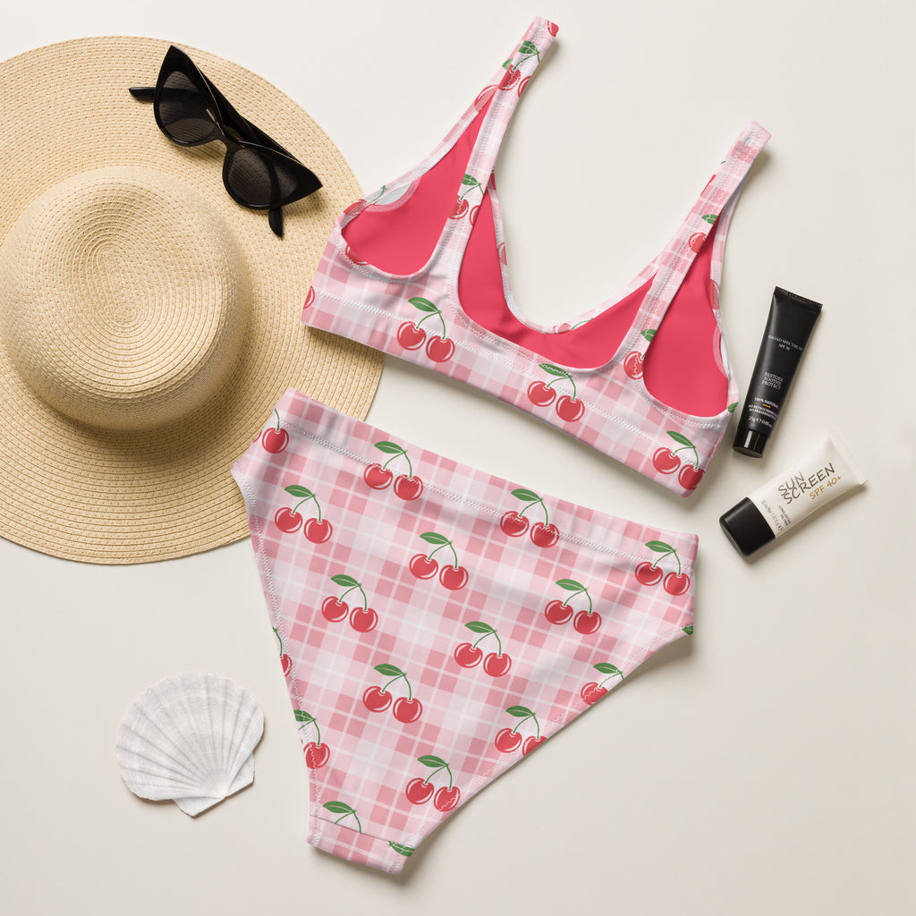 Women's Pink Cherry Gingham Recycled Bikini - Removable Padding, Buttery Soft Quick-Drying UPF 50+ Fabric