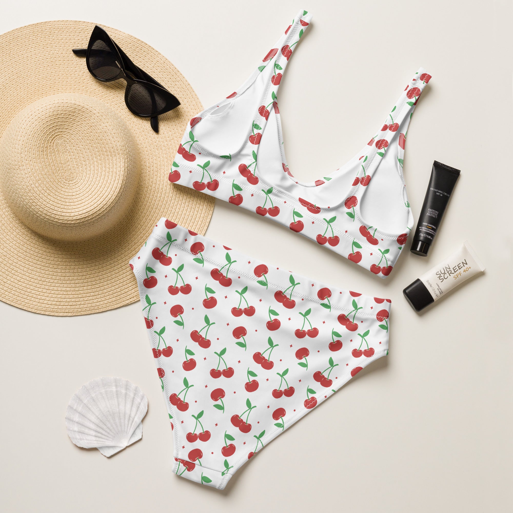 Women's Cherry Print Recycled Bikini - Removable Padding, Buttery Soft Quick-Drying UPF 50+ Fabric