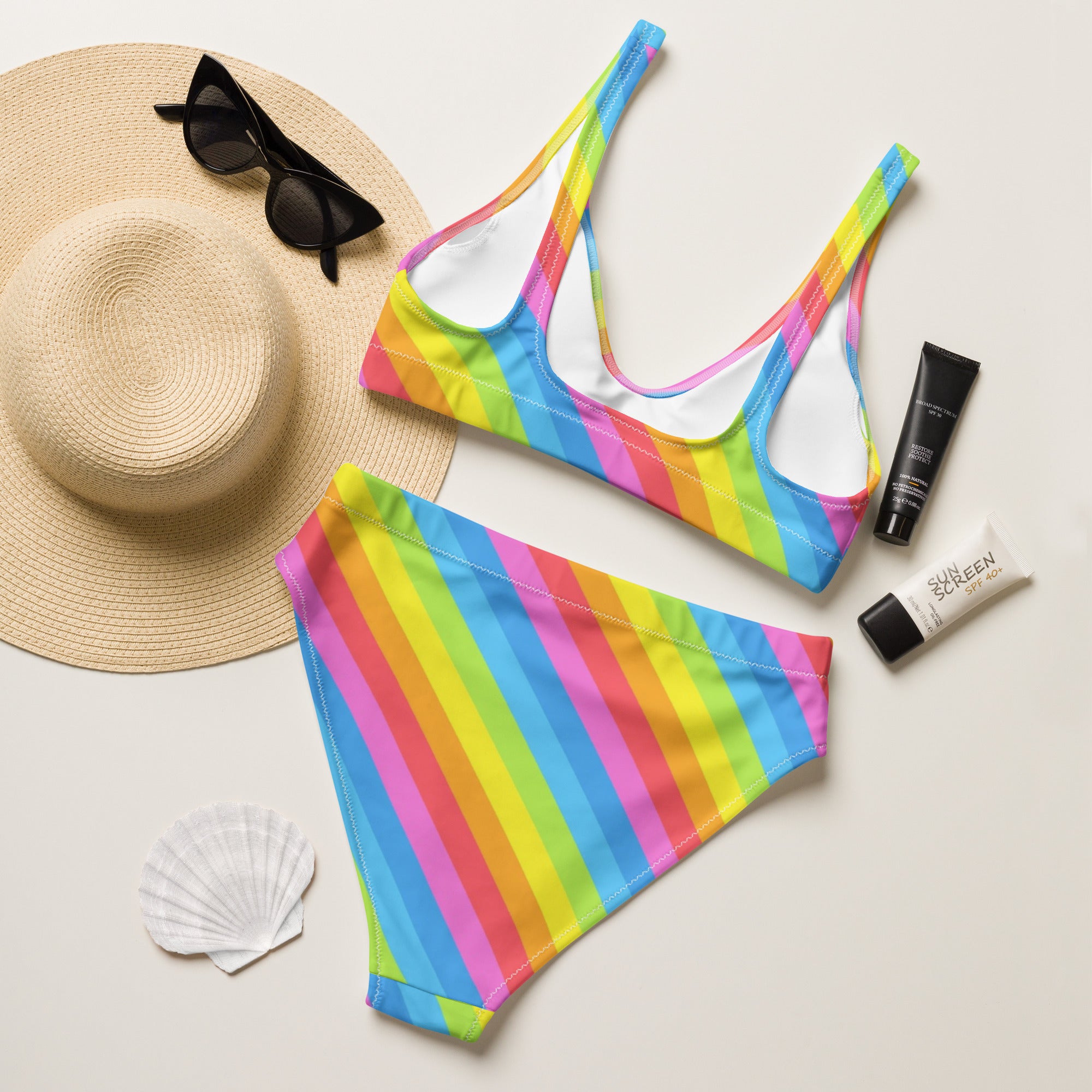 Women's Rainbow Stripe Recycled Bikini - Removable Padding, Buttery Soft Quick-Drying UPF 50+ Fabric