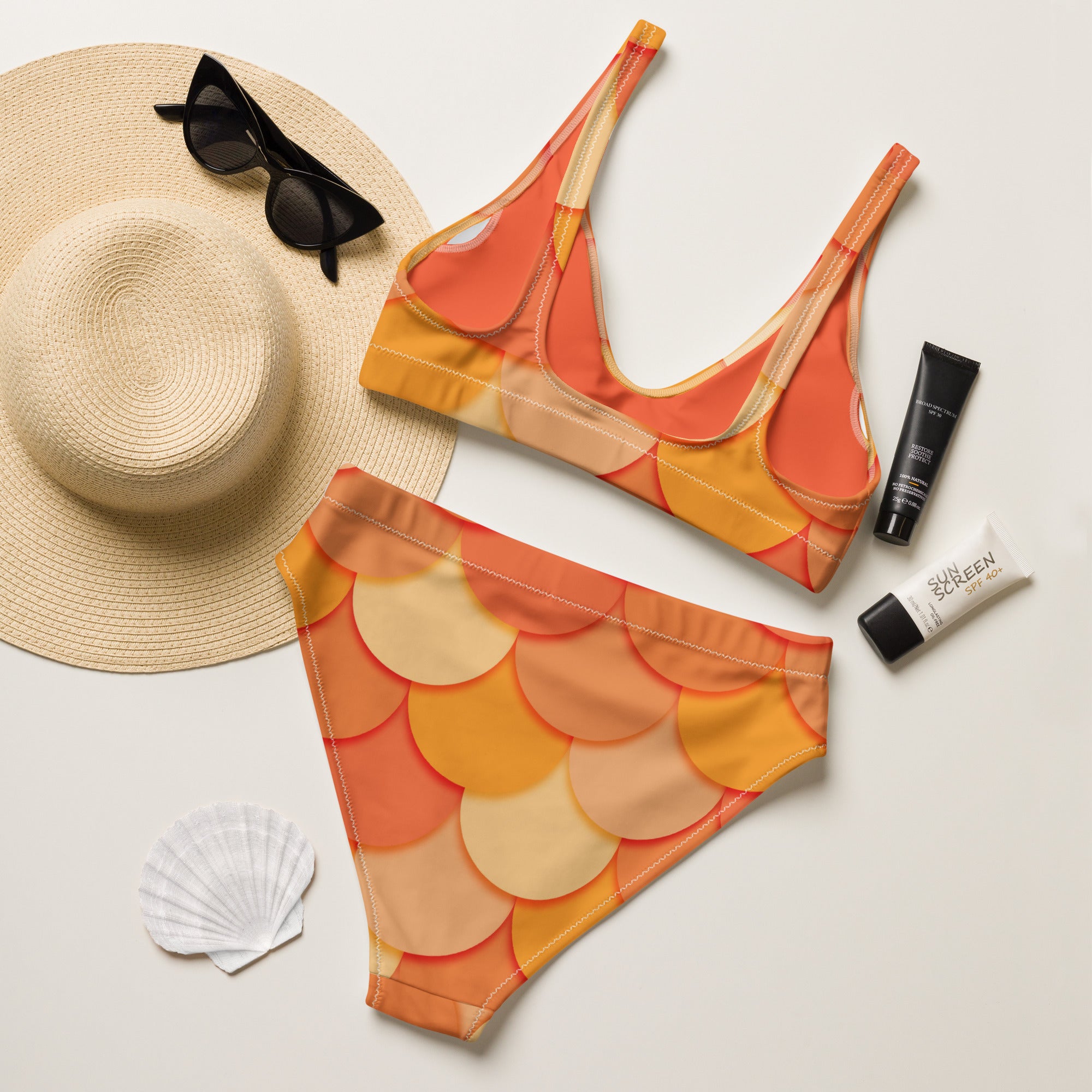 Women's Orange Mermaid Recycled Bikini - Removable Padding, Buttery Soft Quick-Drying UPF 50+ Fabric
