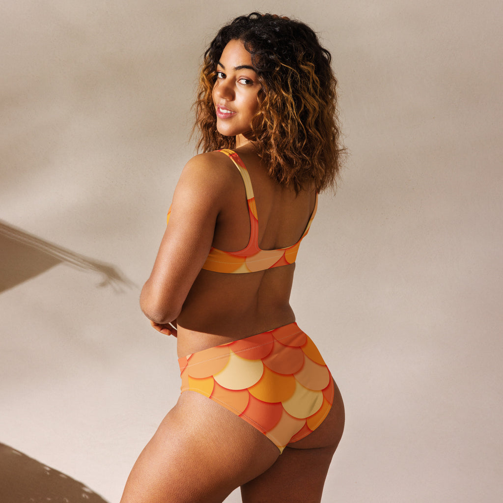 Women's Orange Mermaid Recycled Bikini - Removable Padding, Buttery Soft Quick-Drying UPF 50+ Fabric