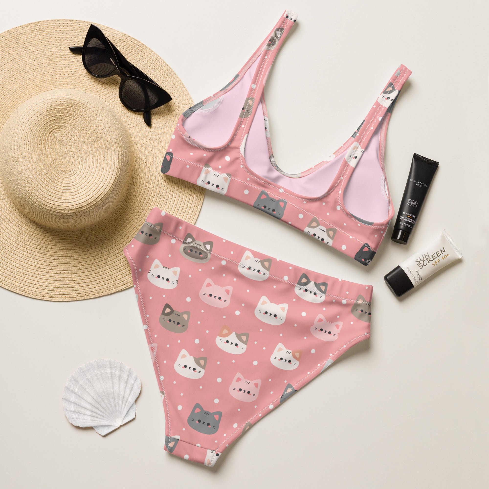 Women's Pink Cat Recycled Bikini - Removable Padding, Buttery Soft Quick-Drying UPF 50+ Fabric