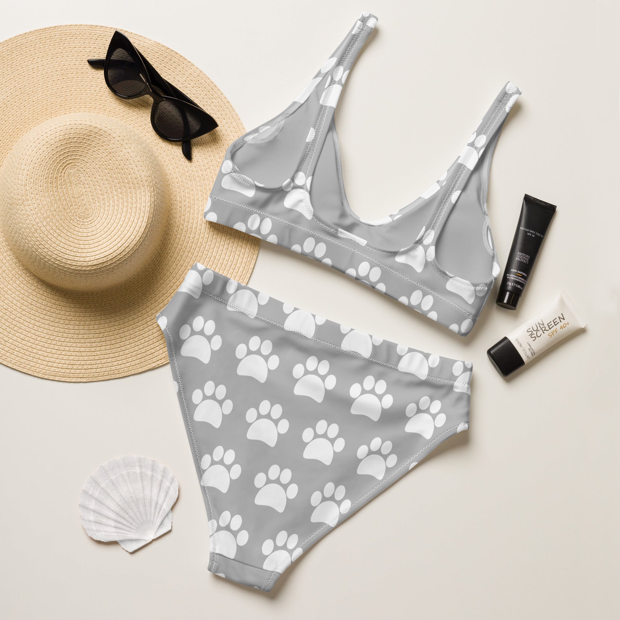 Women's Gray Paw Print Recycled Bikini - Removable Padding, Buttery Soft Quick-Drying UPF 50+ Fabric