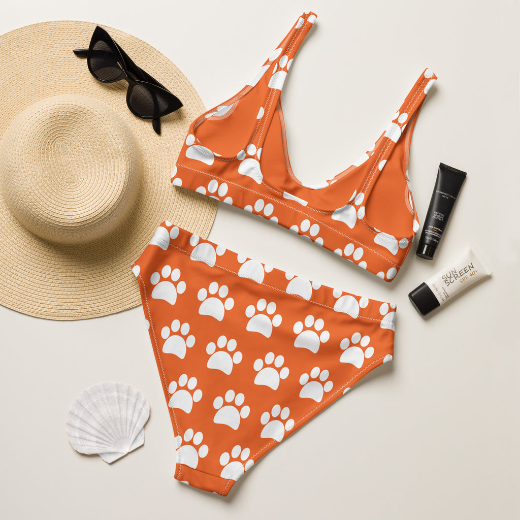 Women's Orange Paw Print Recycled Bikini - Removable Padding, Buttery Soft Quick-Drying UPF 50+ Fabric