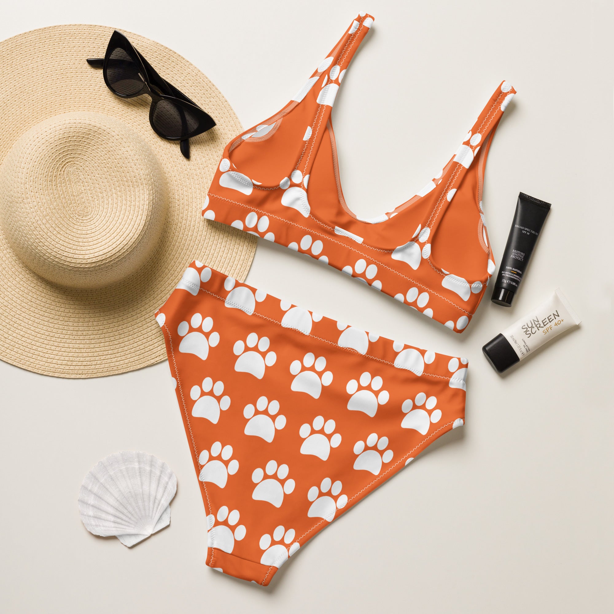 Women's Orange Paw Print Recycled Bikini - Removable Padding, Buttery Soft Quick-Drying UPF 50+ Fabric