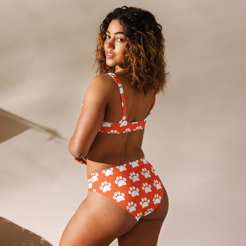 Women's Bright Orange Paw Print Recycled Bikini - Removable Padding, Buttery Soft Quick-Drying UPF 50+ Fabric