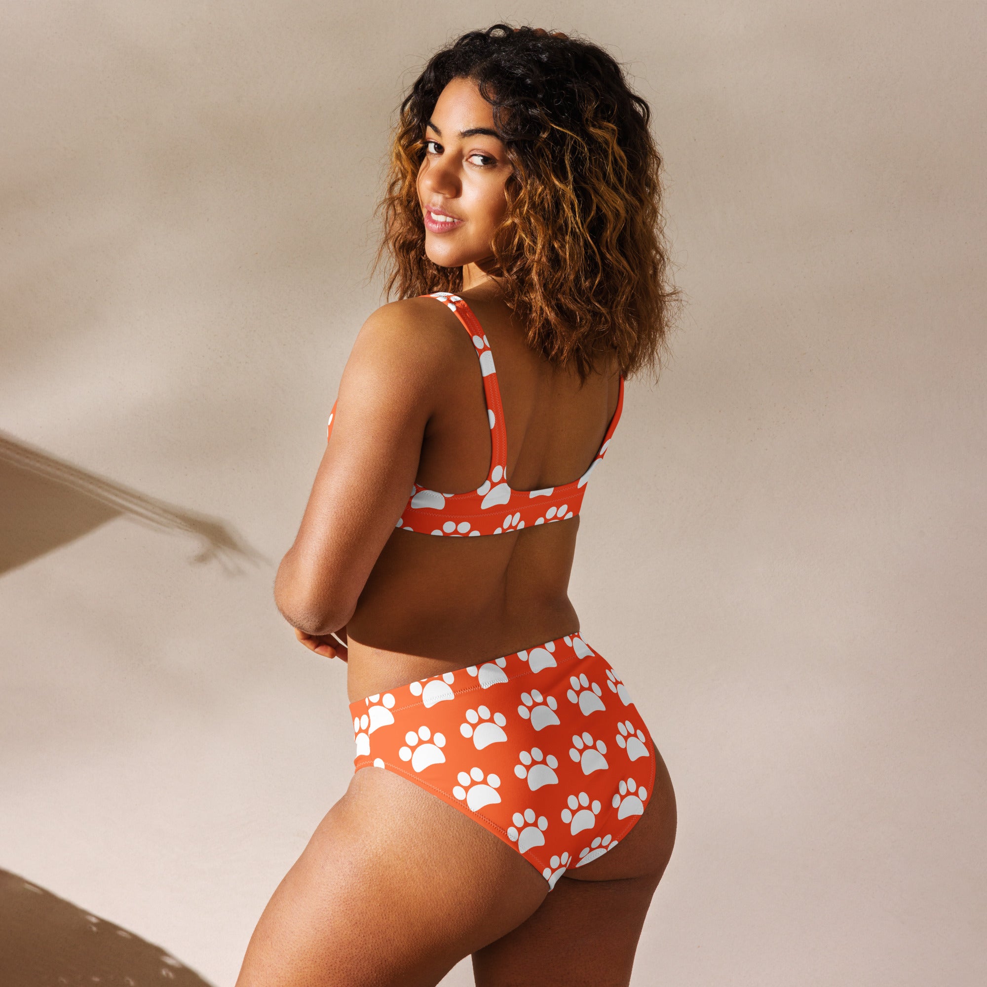 Women's Bright Orange Paw Print Recycled Bikini - Removable Padding, Buttery Soft Quick-Drying UPF 50+ Fabric