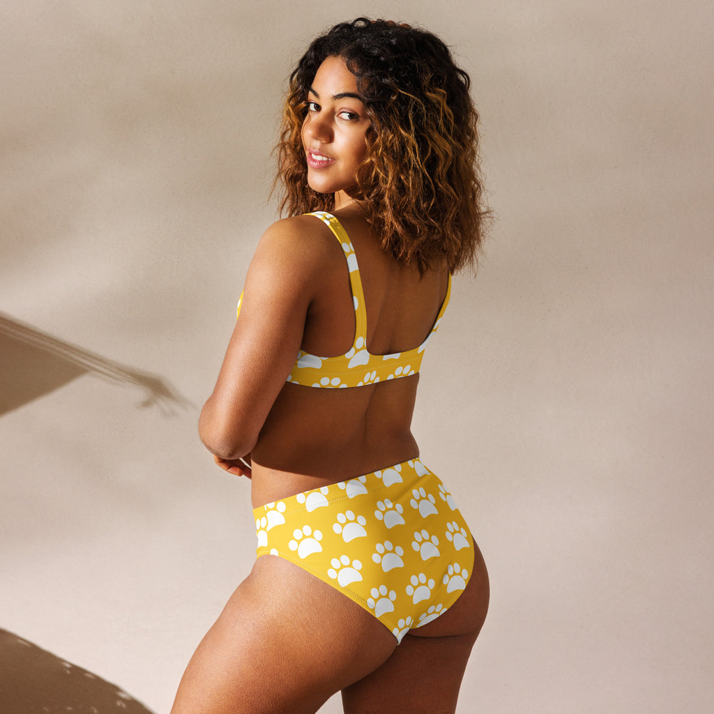 Women's Yellow Paw Print Recycled Bikini - Removable Padding, Buttery Soft Quick-Drying UPF 50+ Fabric