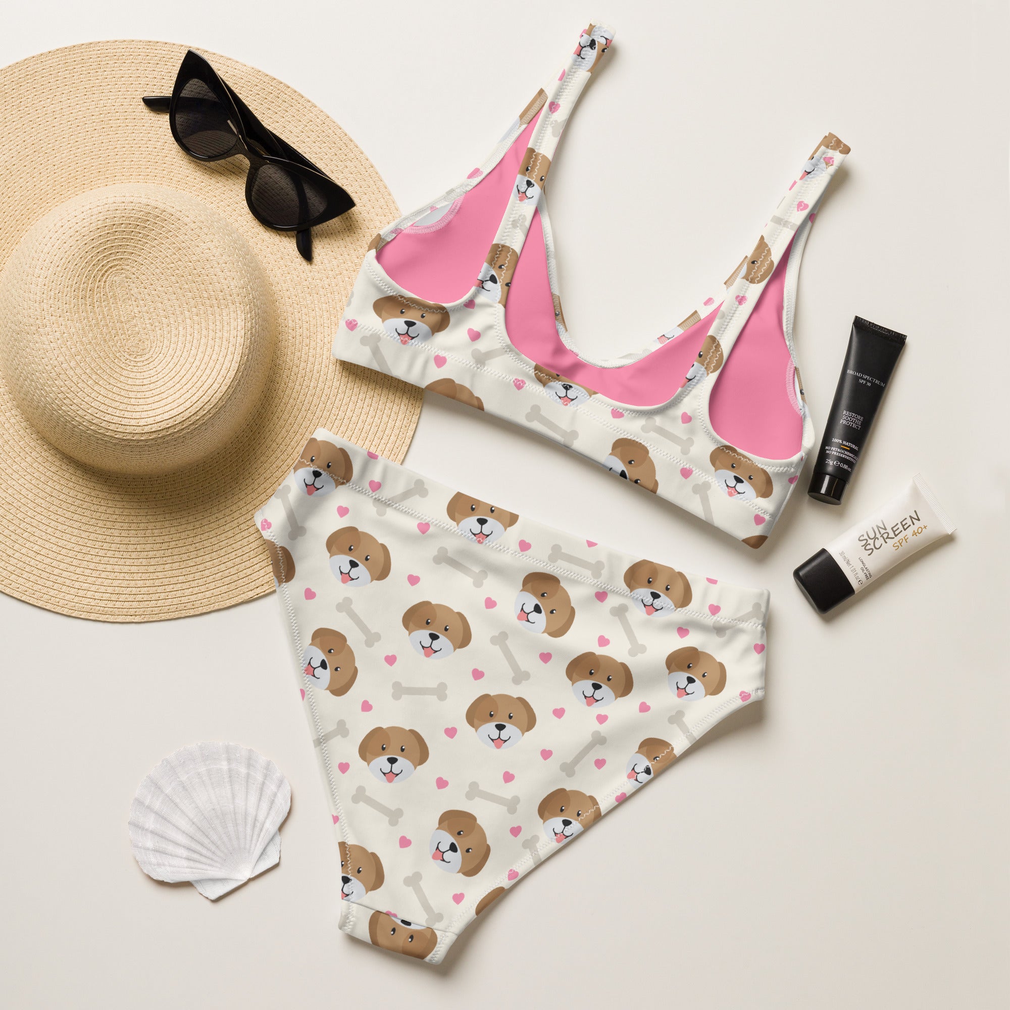 Women's Dog & Hearts Recycled Bikini - Removable Padding, Buttery Soft Quick-Drying UPF 50+ Fabric