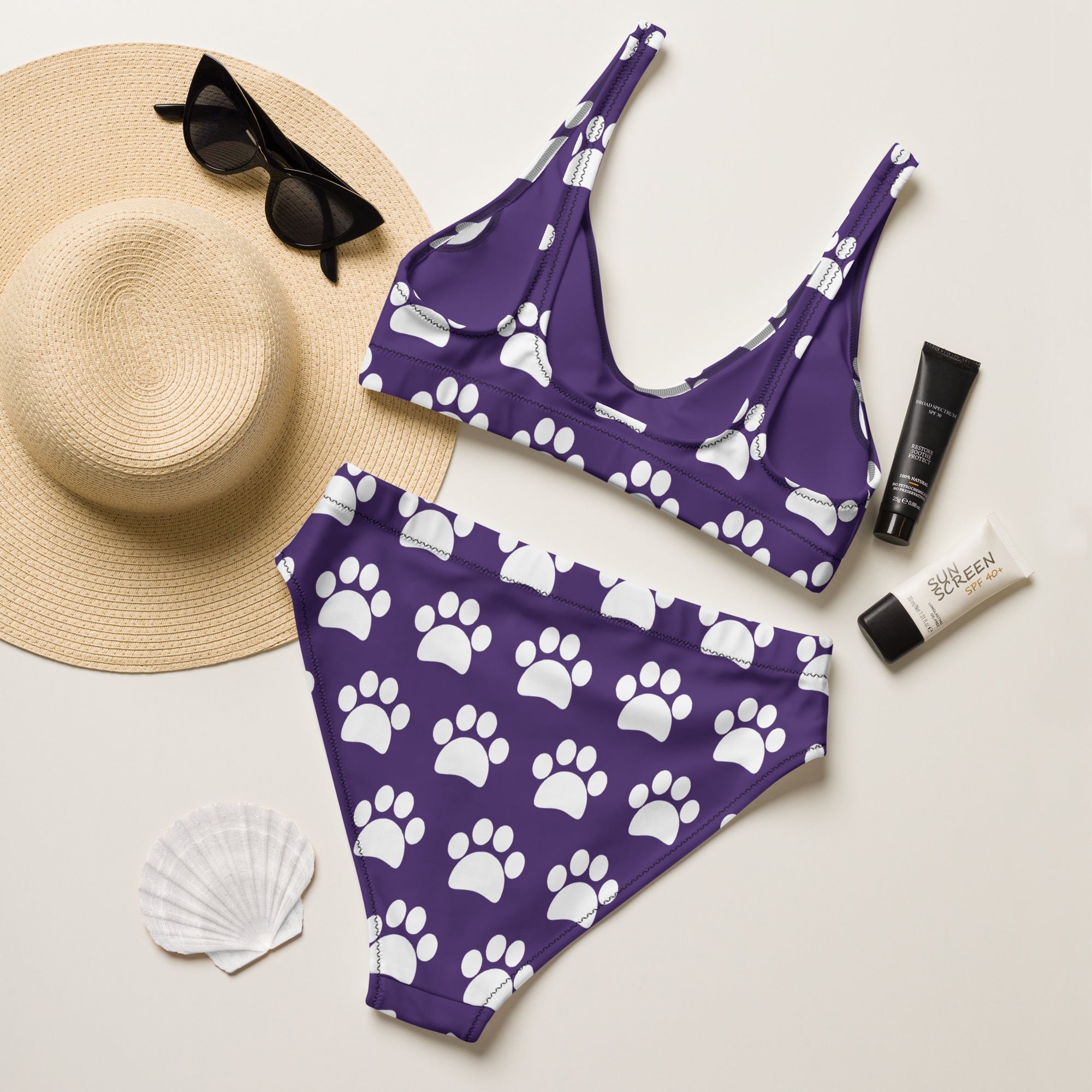 Women's Dark Purple Paw Print Recycled Bikini - Removable Padding, Buttery Soft Quick-Drying UPF 50+ Fabric