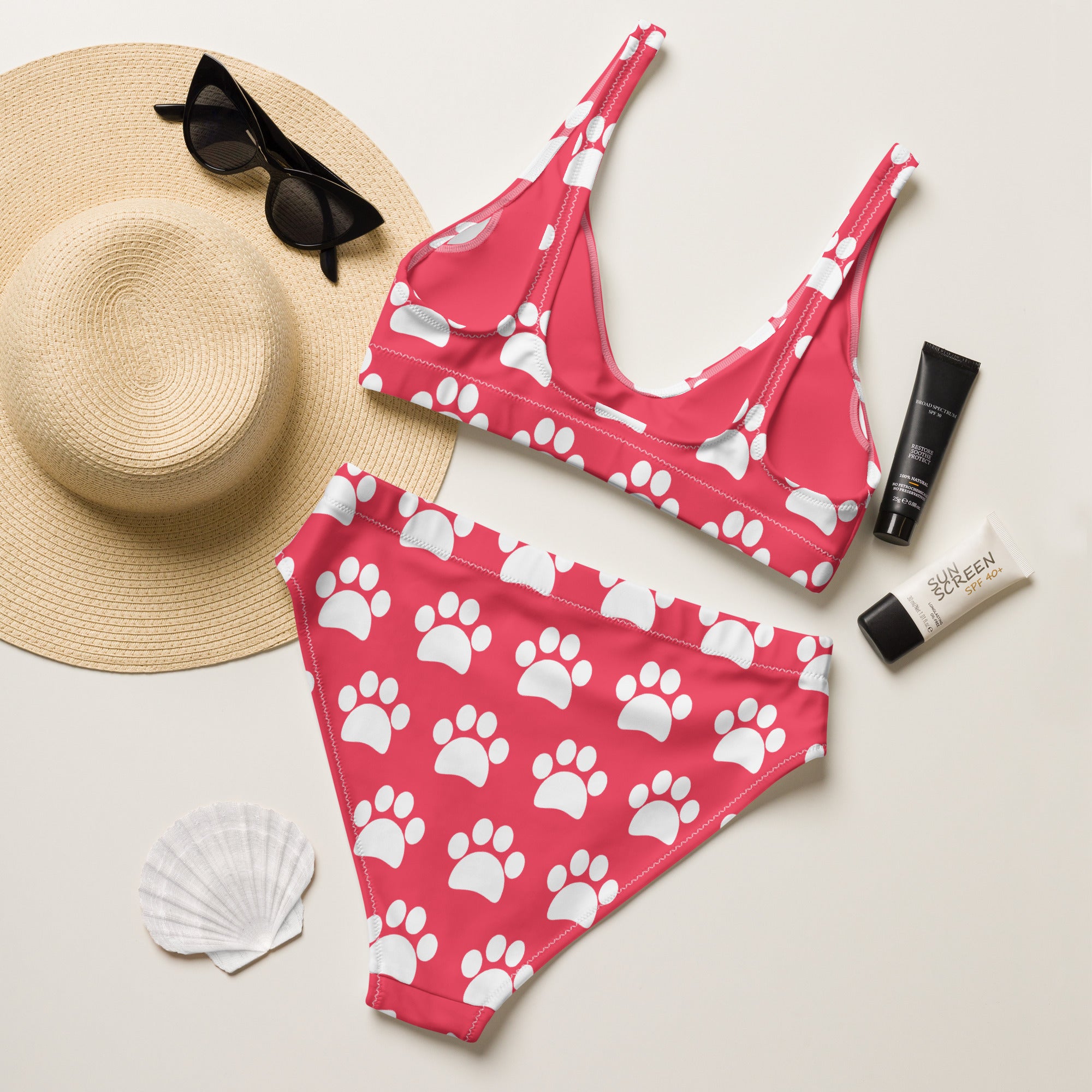 Women's Bright Pink Paw Print Print Recycled Bikini - Removable Padding, Buttery Soft Quick-Drying UPF 50+ Fabric
