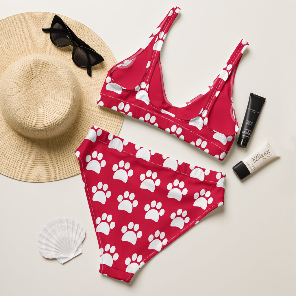 Women's Crimson Red Paw Print Recycled Bikini - Removable Padding, Buttery Soft Quick-Drying UPF 50+ Fabric
