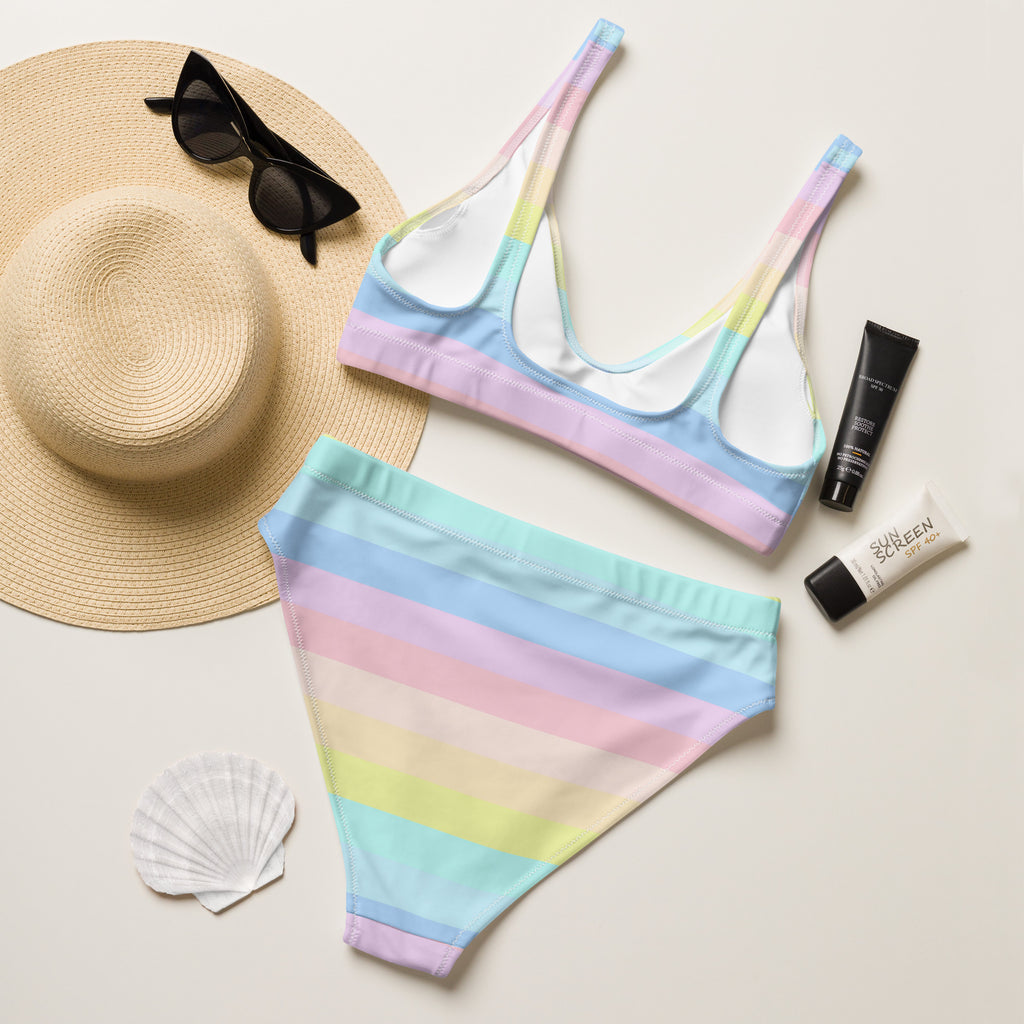 Women's Pastel Rainbow Stripes Recycled Bikini - Removable Padding, Buttery Soft Quick-Drying UPF 50+ Fabric