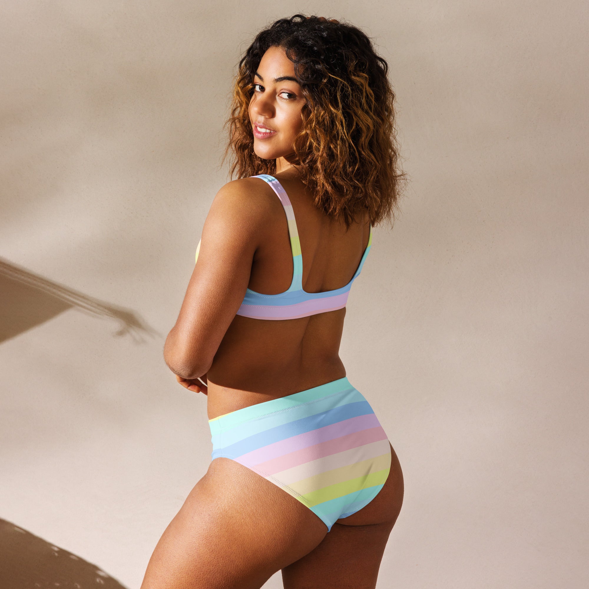 Women's Pastel Rainbow Stripes Recycled Bikini - Removable Padding, Buttery Soft Quick-Drying UPF 50+ Fabric