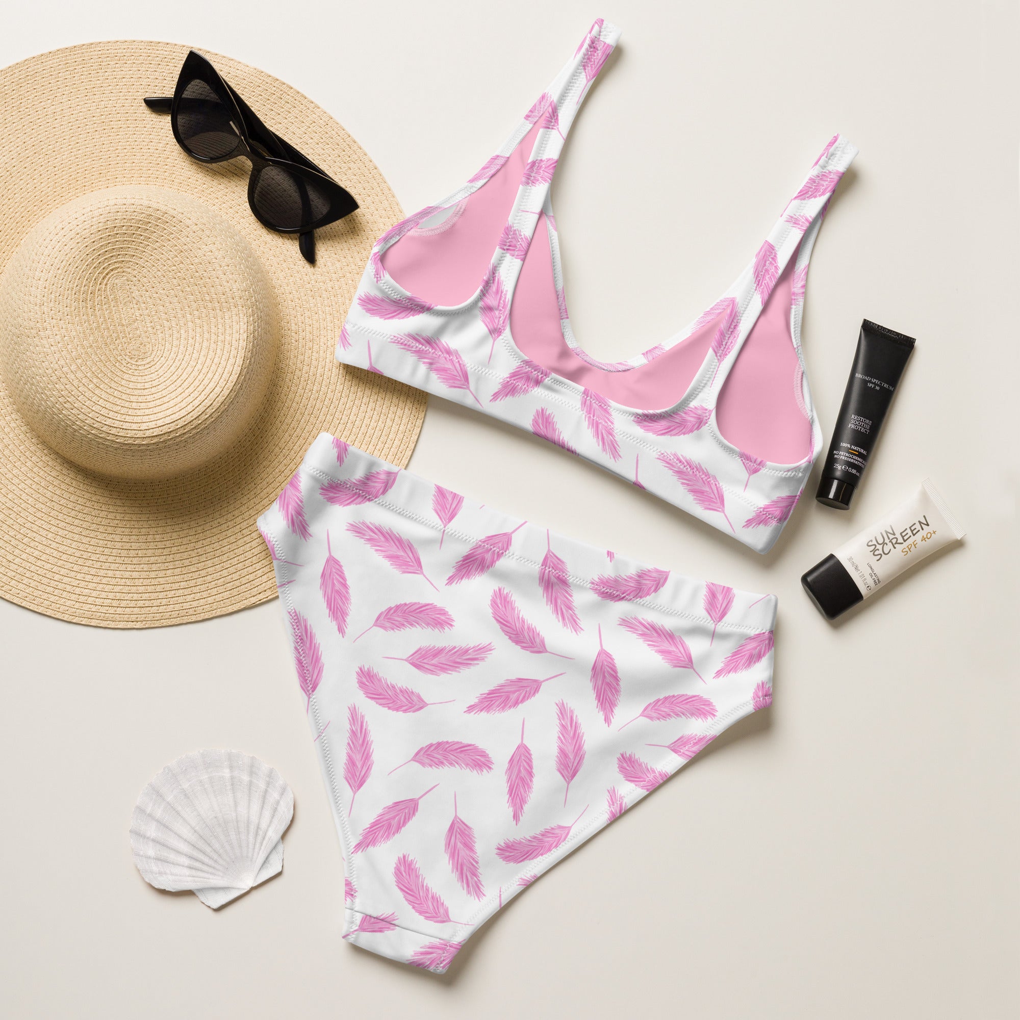 Women's Pink Feather Recycled Bikini - Removable Padding, Buttery Soft Quick-Drying UPF 50+ Fabric