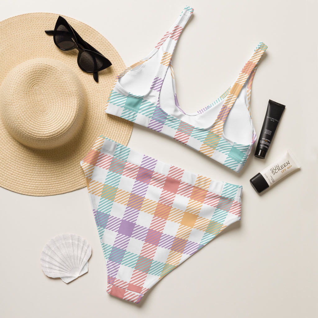 Women's Pastel Rainbow Gingham Recycled Bikini - Removable Padding, Buttery Soft Quick-Drying UPF 50+ Fabric