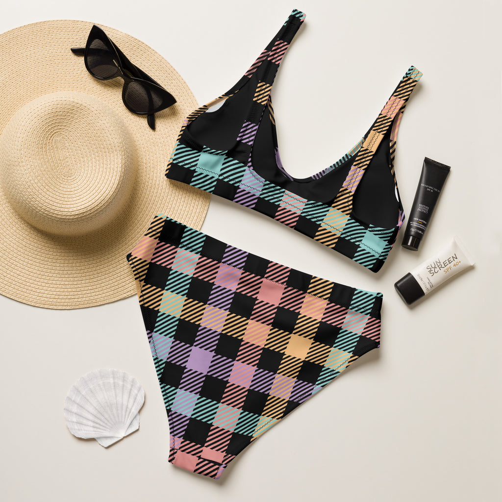Women's Pastel Rainbow Gingham Recycled Bikini - Removable Padding, Buttery Soft Quick-Drying UPF 50+ Fabric