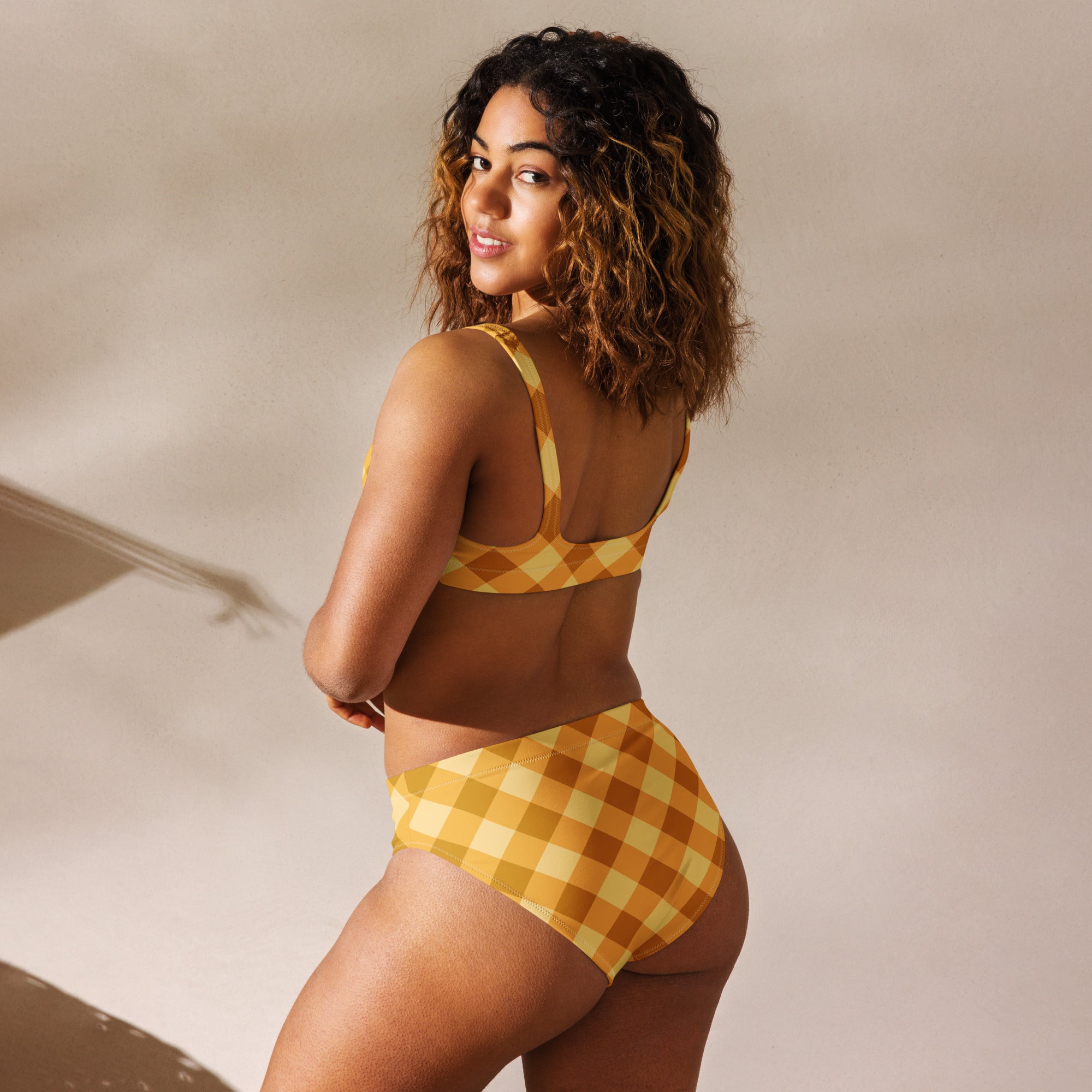 Women's Golden Gingham Recycled Bikini - Removable Padding, Buttery Soft Quick-Drying UPF 50+ Fabric