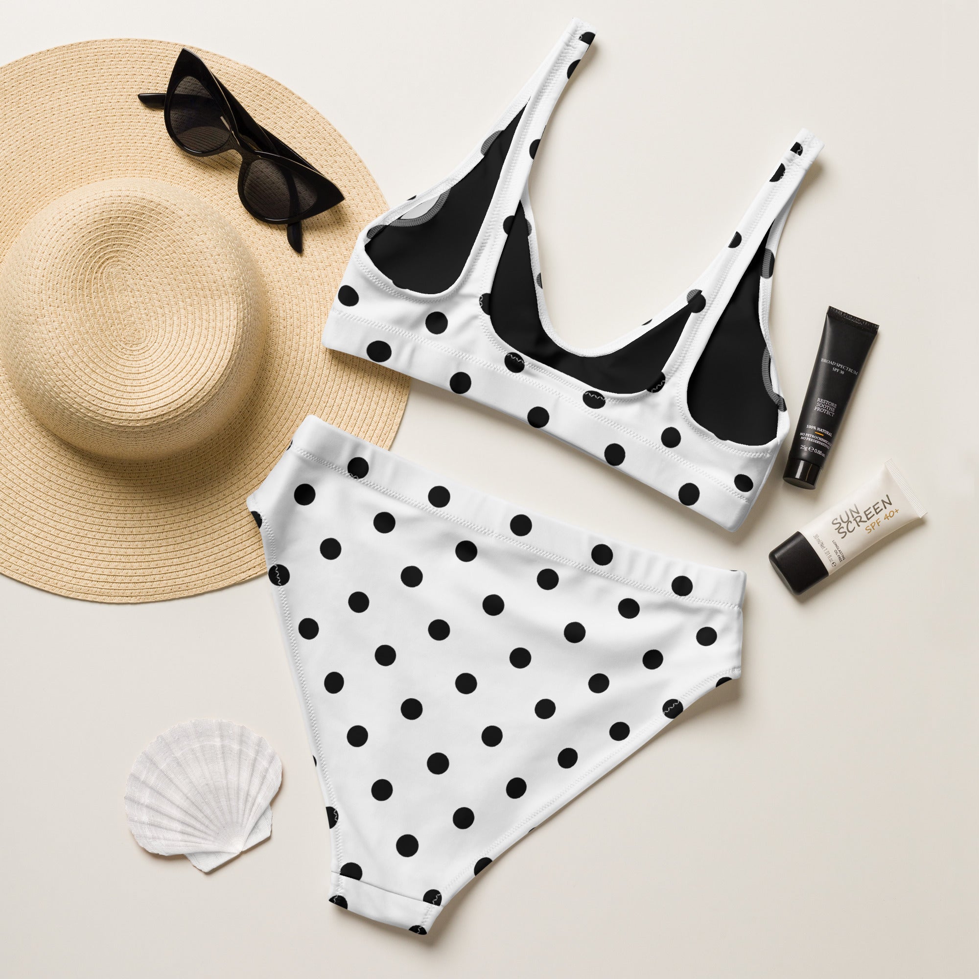 Women's White Polka Dot Recycled Bikini - Removable Padding, Buttery Soft Quick-Drying UPF 50+ Fabric