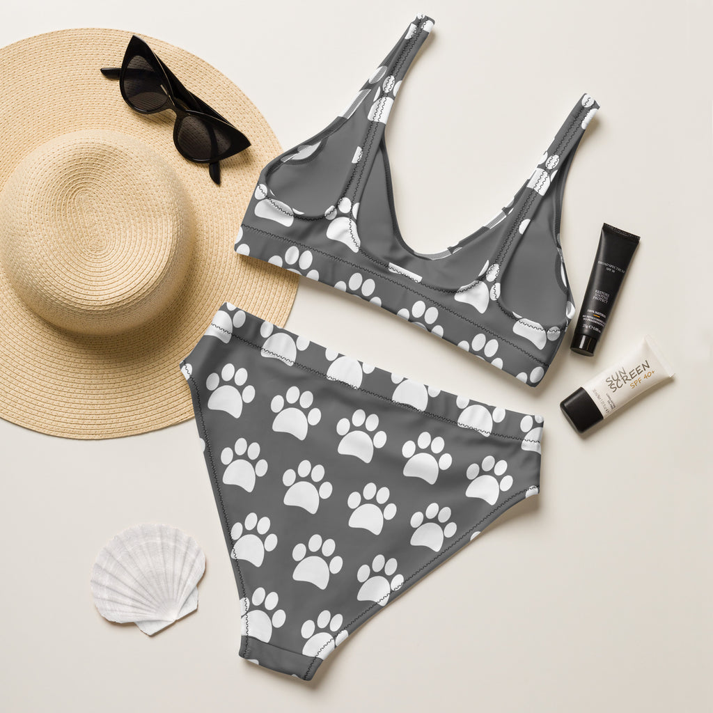Women's Gray Paw Print Recycled Bikini - Removable Padding, Buttery Soft Quick-Drying UPF 50+ Fabric
