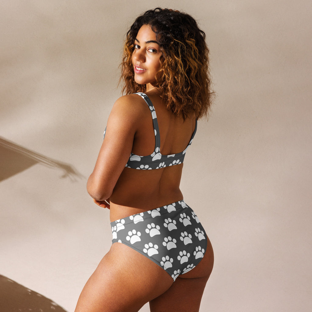 Women's Gray Paw Print Recycled Bikini - Removable Padding, Buttery Soft Quick-Drying UPF 50+ Fabric