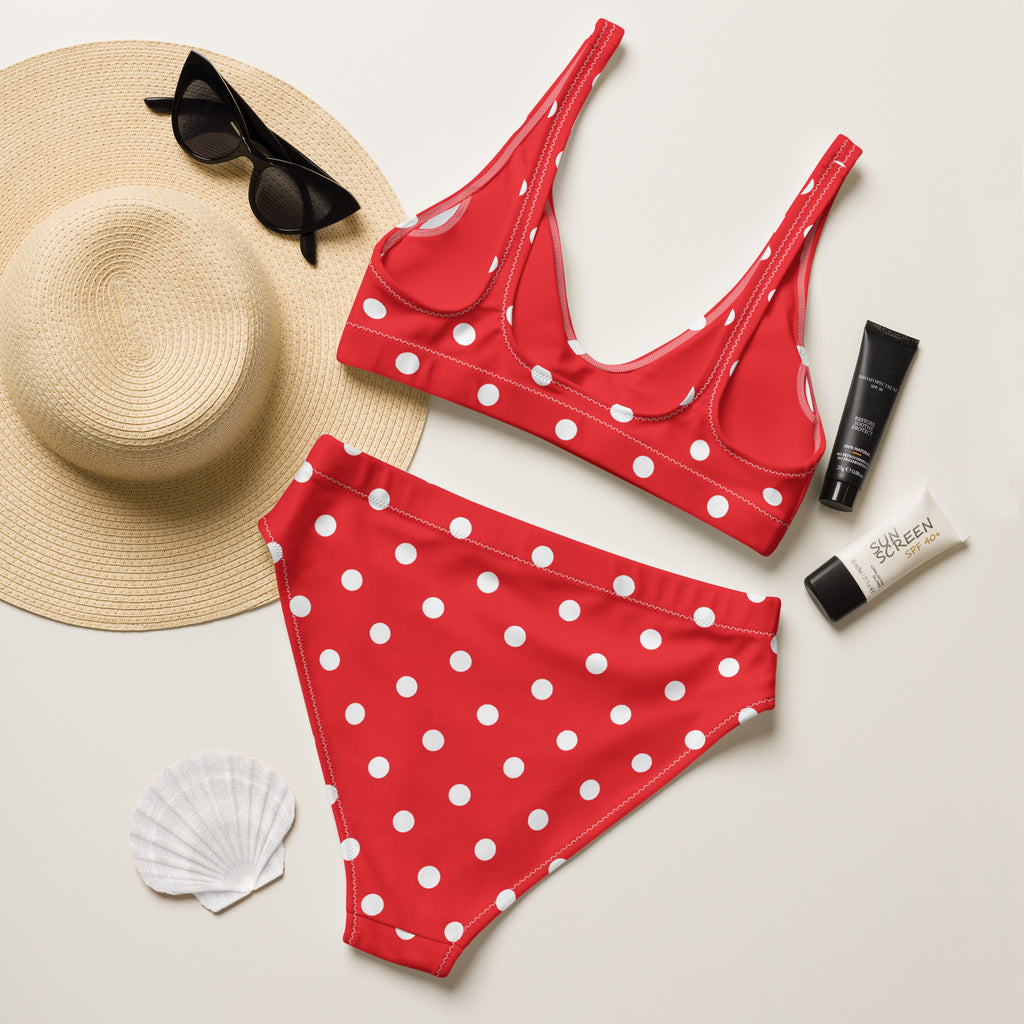 Women's Red Polka Dot Recycled Bikini - Removable Padding, Buttery Soft Quick-Drying UPF 50+ Fabric
