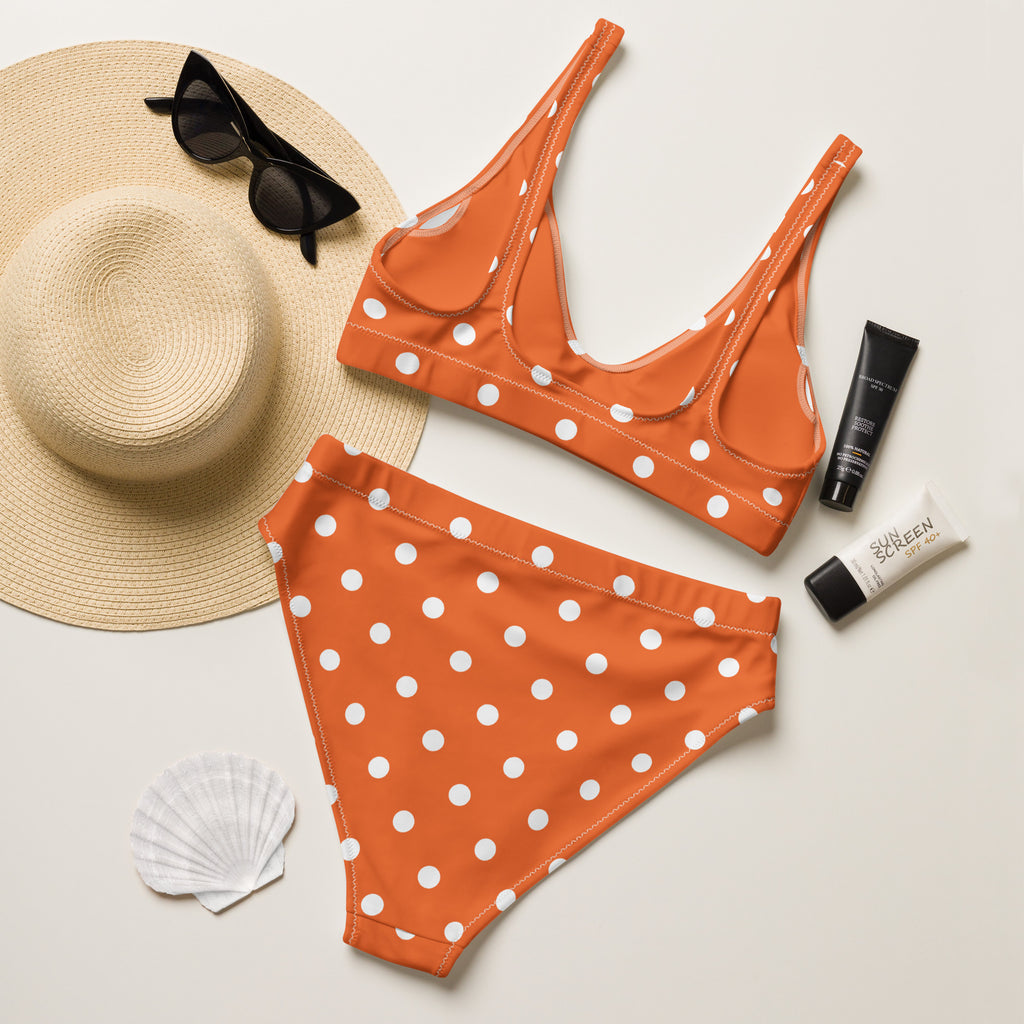 Women's Orange Polka Dot Recycled Bikini - Removable Padding, Buttery Soft Quick-Drying UPF 50+ Fabric
