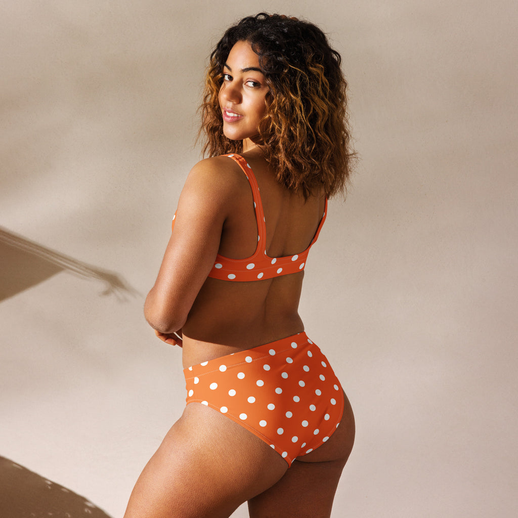 Women's Orange Polka Dot Recycled Bikini - Removable Padding, Buttery Soft Quick-Drying UPF 50+ Fabric