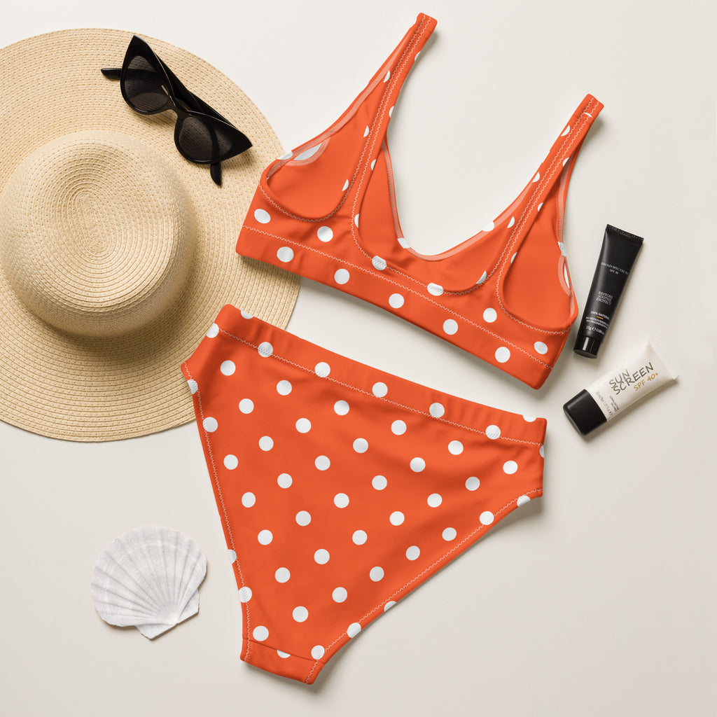 Women's Bright Orange Polka Dot Recycled Bikini - Removable Padding, Buttery Soft Quick-Drying UPF 50+ Fabric
