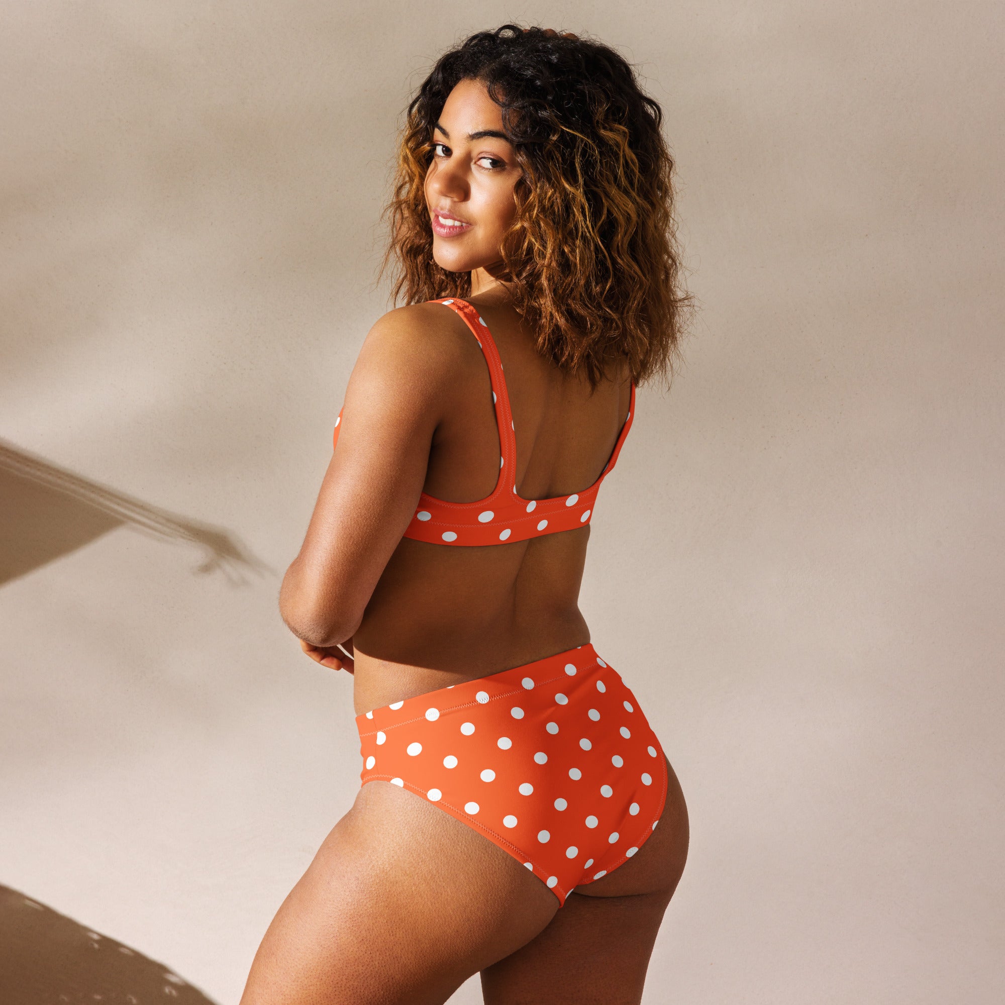 Women's Bright Orange Polka Dot Recycled Bikini - Removable Padding, Buttery Soft Quick-Drying UPF 50+ Fabric