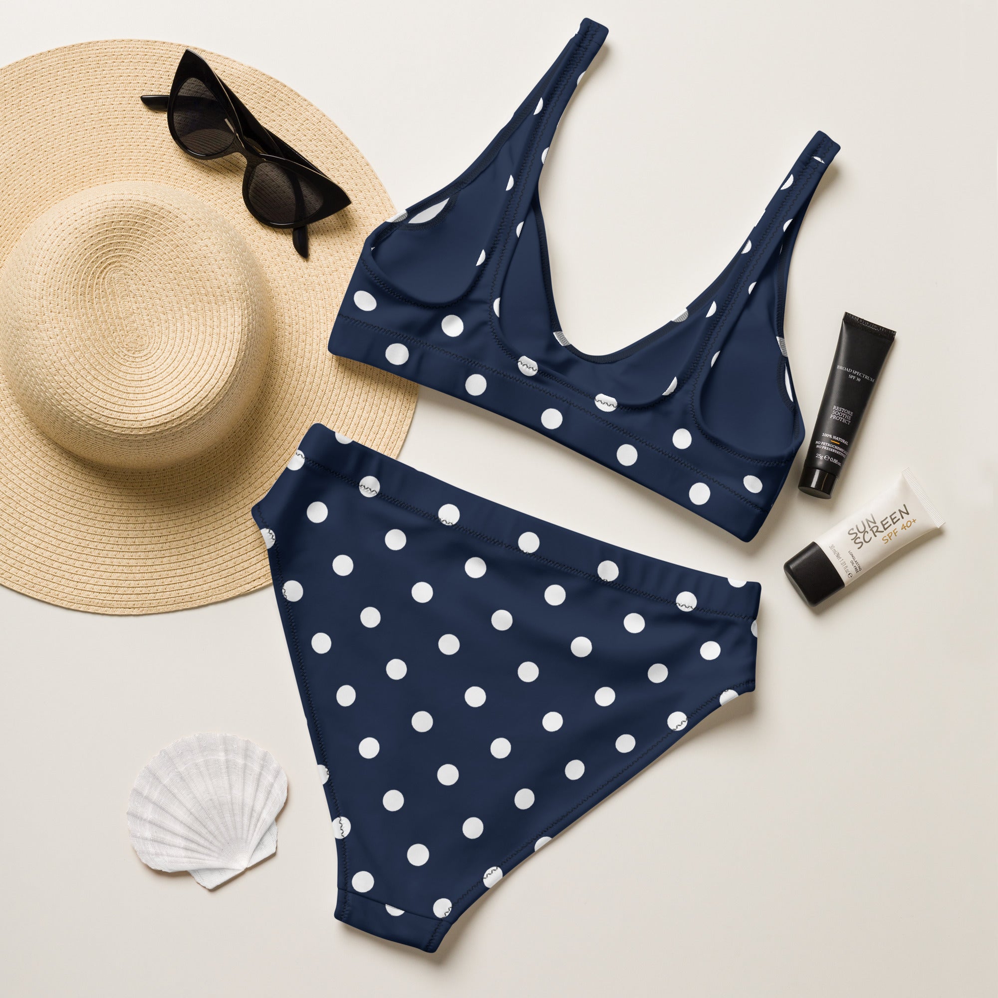 Women's Dark Navy Blue Polka Dot Recycled Bikini - Removable Padding, Buttery Soft Quick-Drying UPF 50+ Fabric