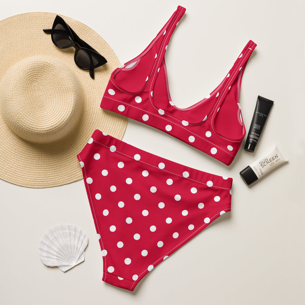 Women's Crimson Red Polka Dot Recycled Bikini - Removable Padding, Buttery Soft Quick-Drying UPF 50+ Fabric