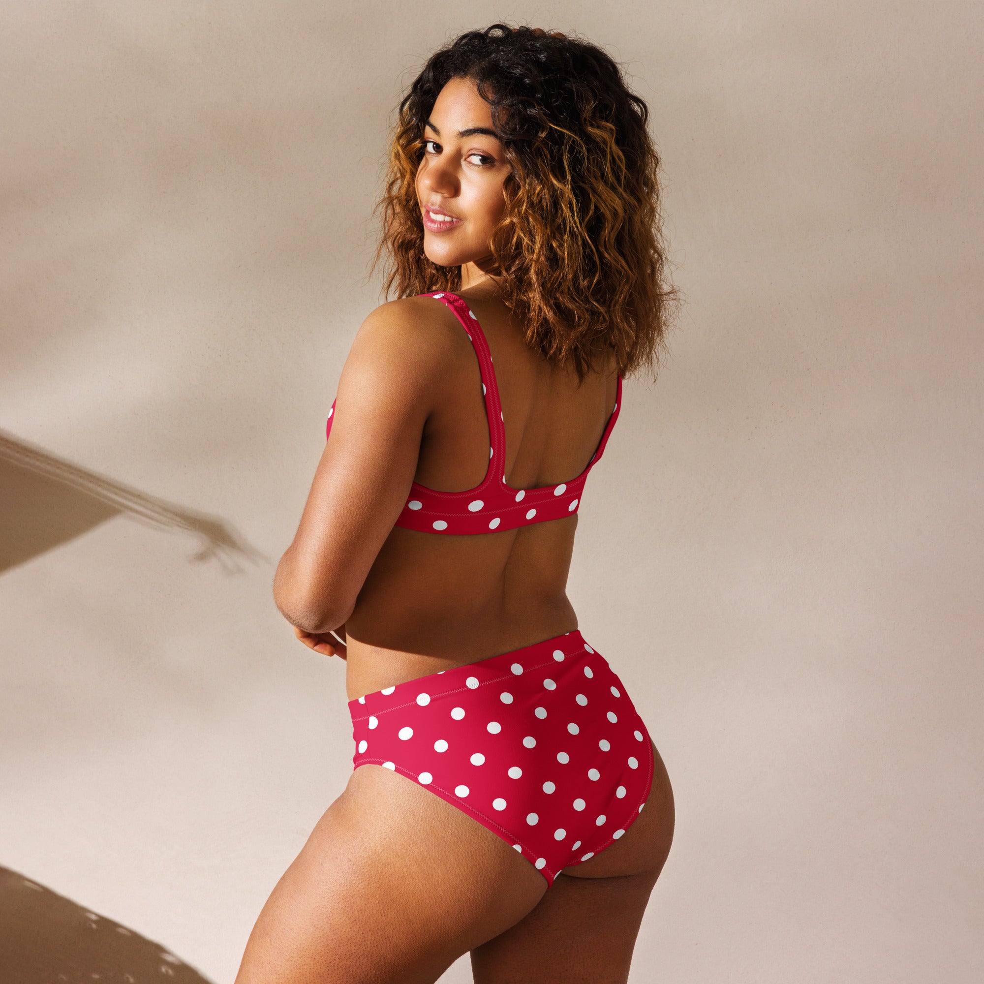 Women's Crimson Red Polka Dot Recycled Bikini - Removable Padding, Buttery Soft Quick-Drying UPF 50+ Fabric