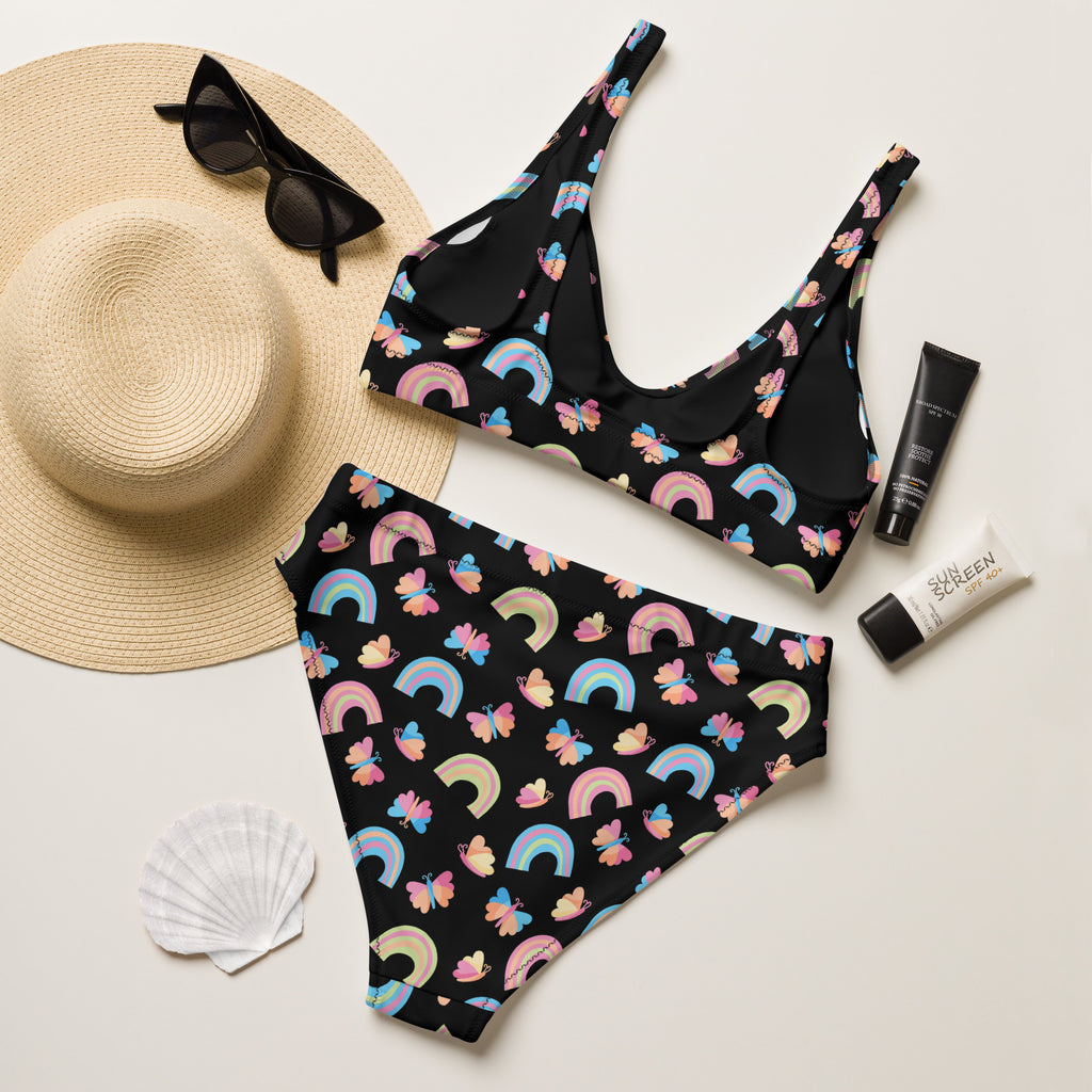 Women's Black Rainbow Butterfly Recycled Bikini - Removable Padding, Buttery Soft Quick-Drying UPF 50+ Fabric