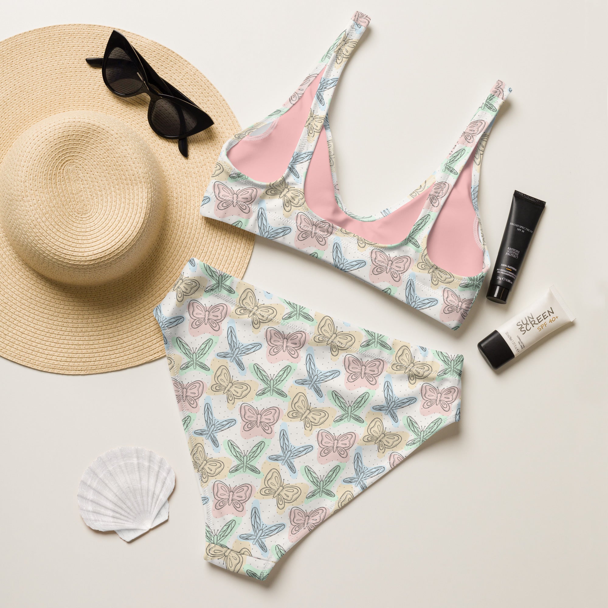 Women's Colorful Pastel Butterfly & Dragonfly Recycled Bikini - Removable Padding, Buttery Soft Quick-Drying UPF 50+ Fabric