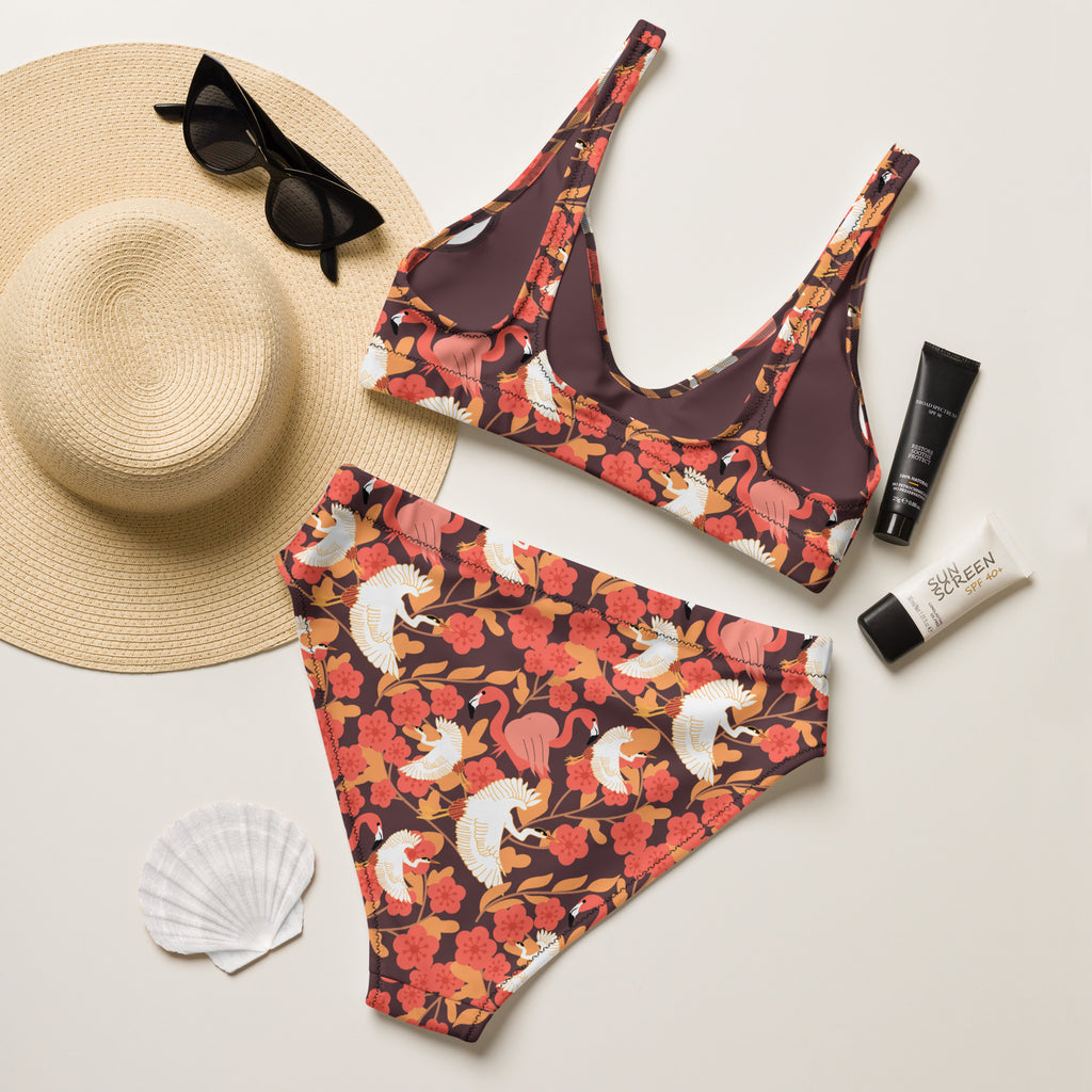 Women's Floral Flamingo Feather Recycled Bikini - Removable Padding, Buttery Soft Quick-Drying UPF 50+ Fabric