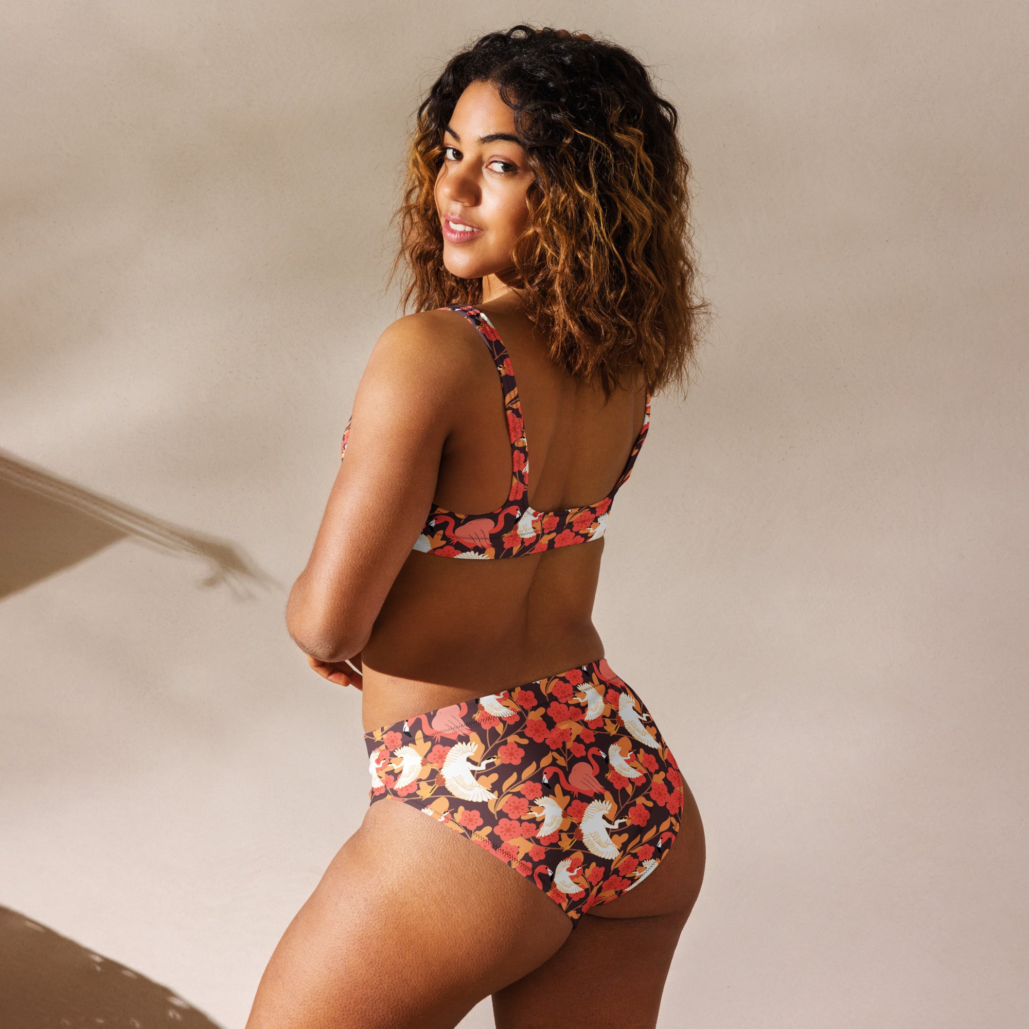 Women's Floral Flamingo Feather Recycled Bikini - Removable Padding, Buttery Soft Quick-Drying UPF 50+ Fabric