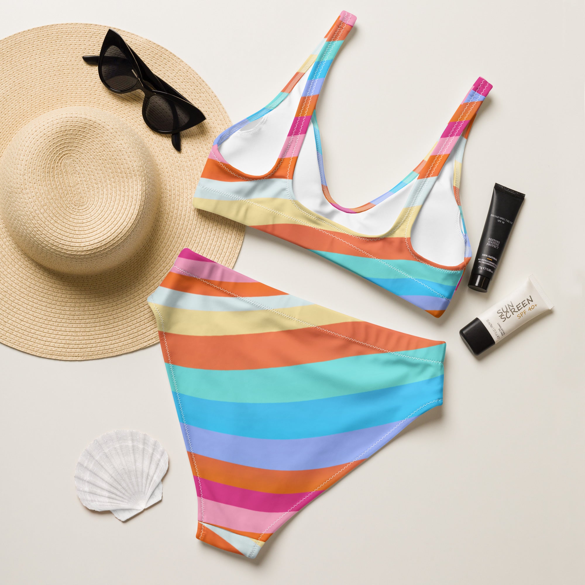 Women's Colorful Wavy Stripe Recycled Bikini - Removable Padding, Buttery Soft Quick-Drying UPF 50+ Fabric