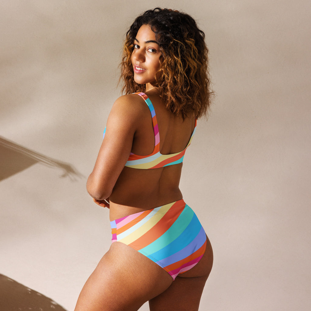 Women's Colorful Wavy Stripe Recycled Bikini - Removable Padding, Buttery Soft Quick-Drying UPF 50+ Fabric