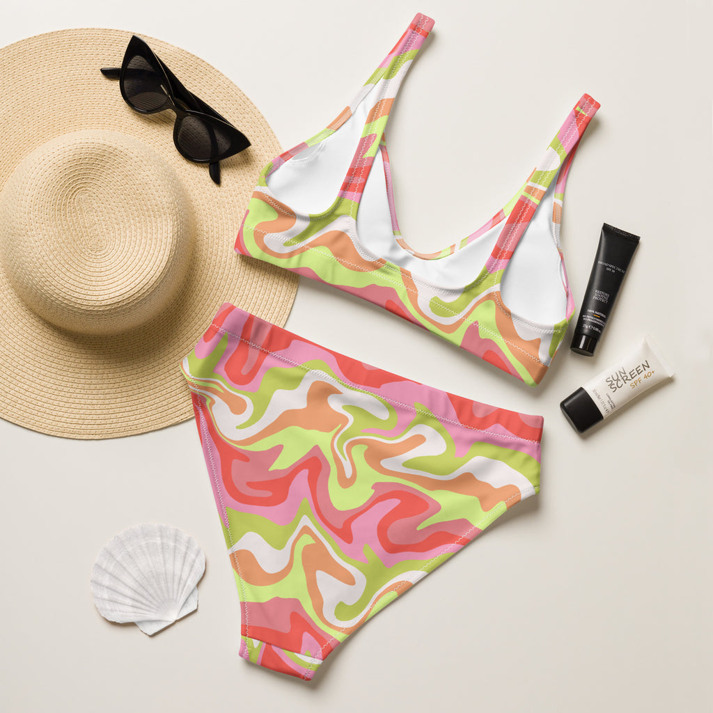 Women's Coral Lime Swirl Recycled Bikini - Removable Padding, Buttery Soft Quick-Drying UPF 50+ Fabric