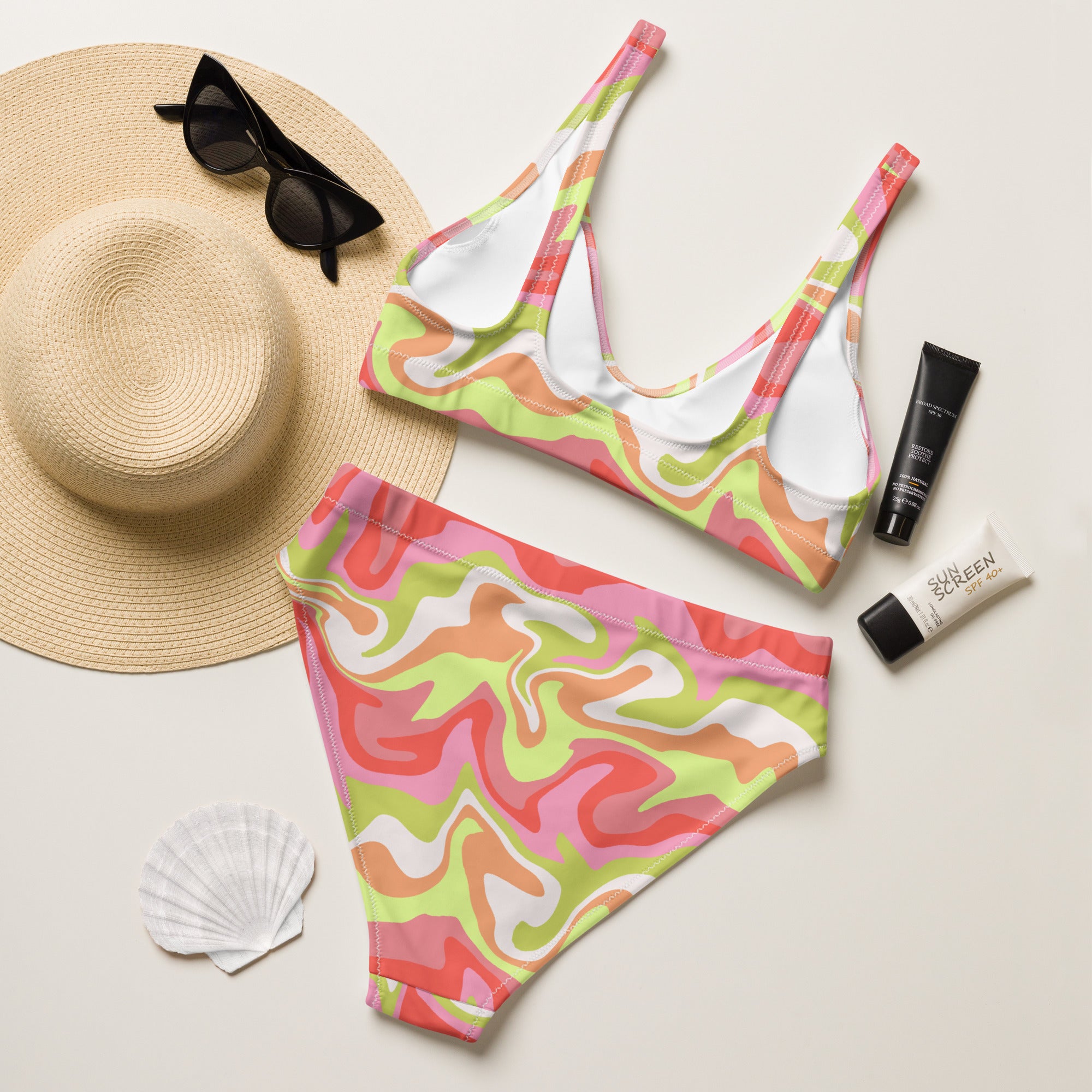 Women's Coral Lime Swirl Recycled Bikini - Removable Padding, Buttery Soft Quick-Drying UPF 50+ Fabric